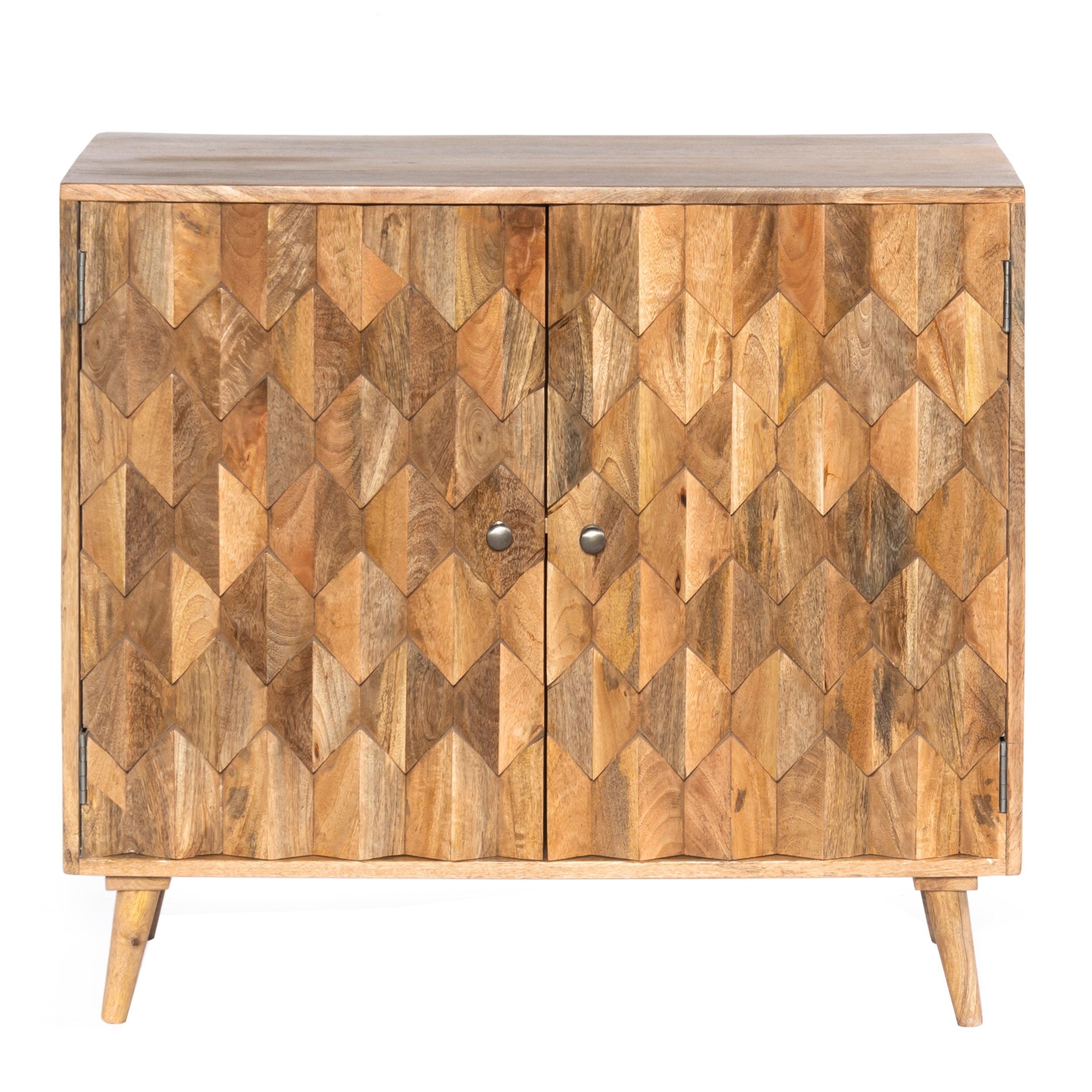 36 Inch Handcrafted Accent Cabinet; 2 Honeycomb Inlaid Doors; Mango Wood; Natural Brown