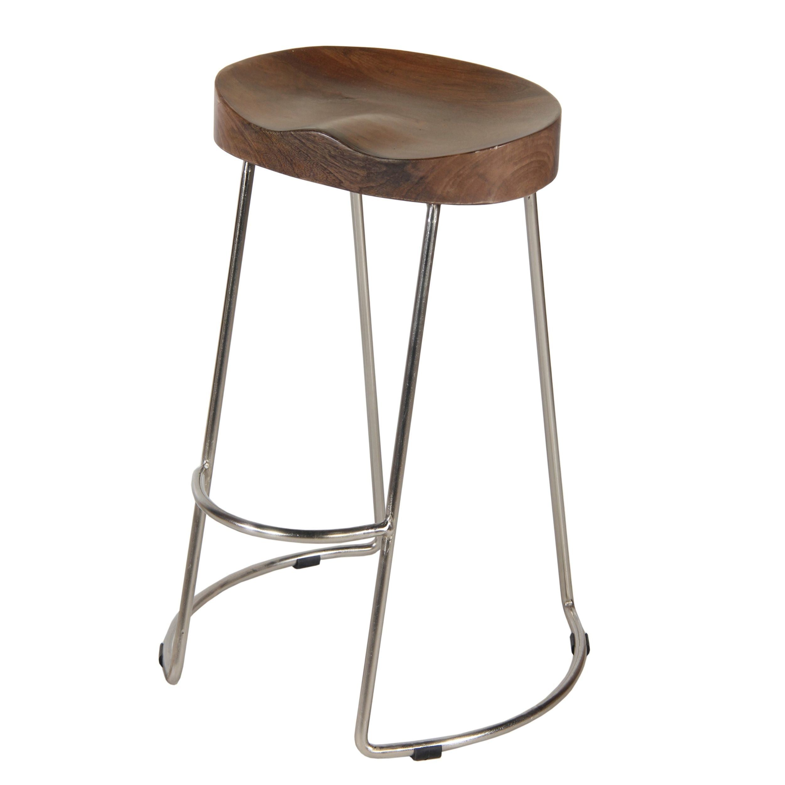 Ela 30 Inch Bar Stool with Mango Wood Saddle Seat, Iron Frame, Brown and Silver