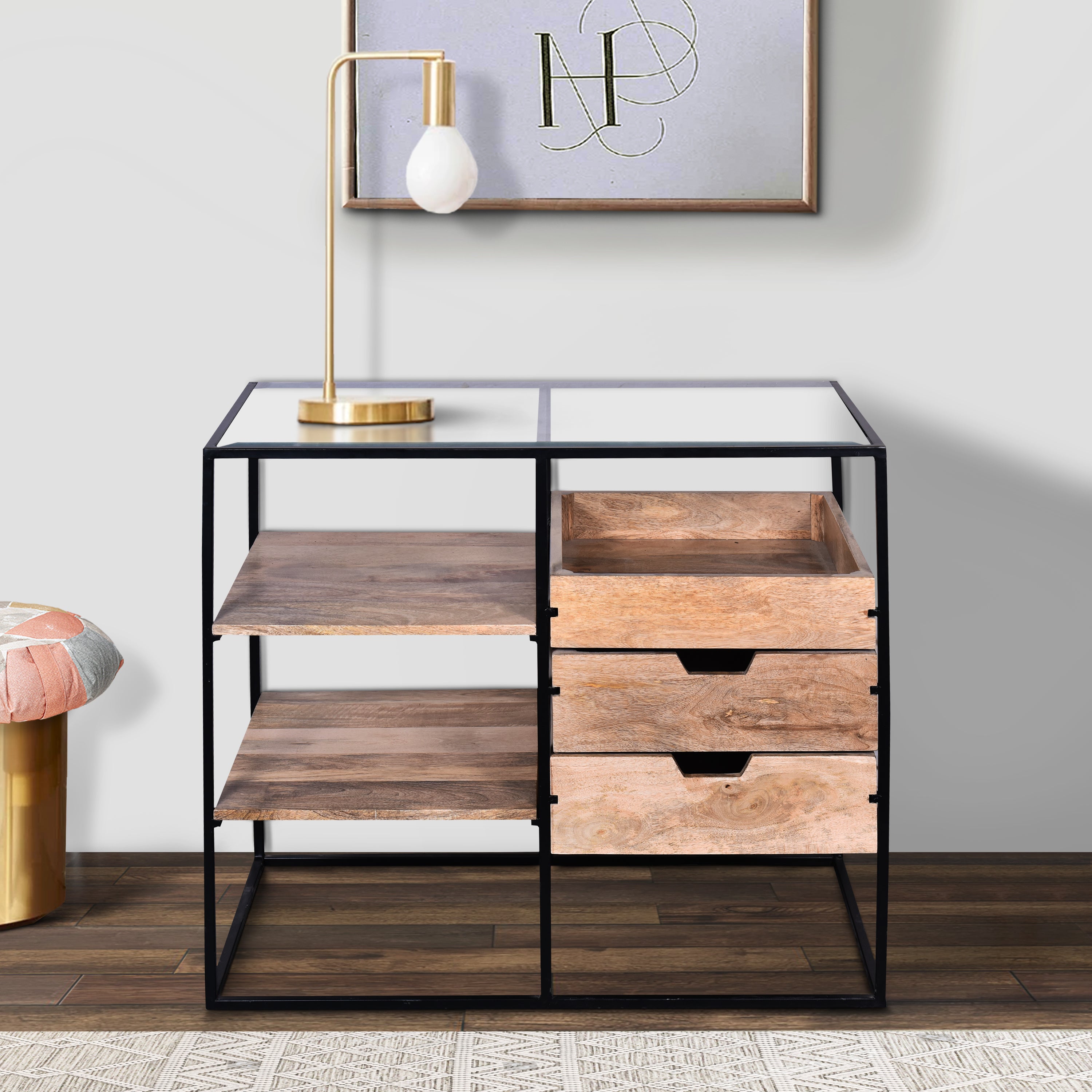 35 Inch Handcrafted Modern Glass Table, Storage Shelves, 3 Drawers, Metal Frame, Natural Brown and Black