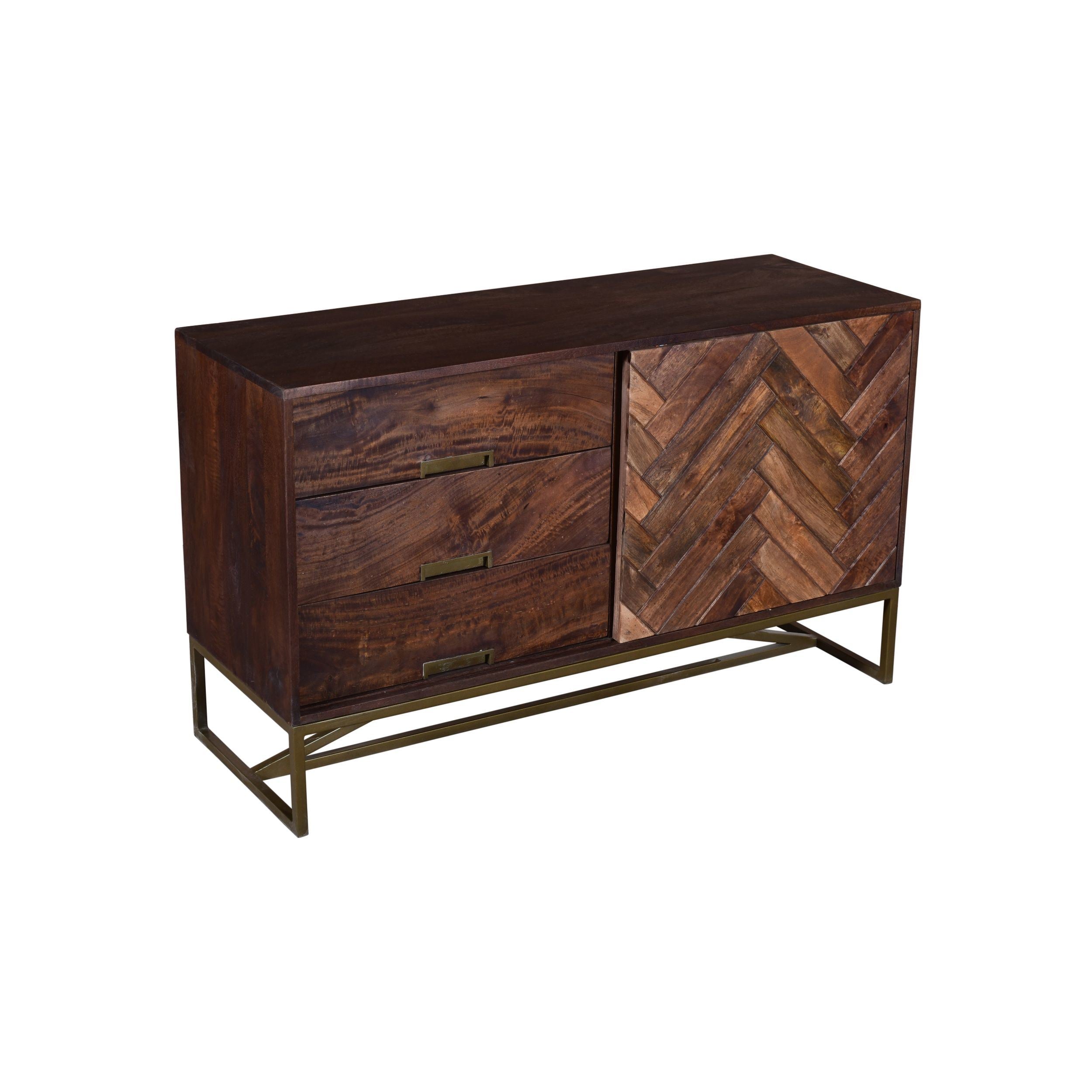 Alice 50 Inch Herringbone Inlaid 1 Door Wood Sideboard Buffet Cabinet, 3 Drawers, Metal Frame, Brown