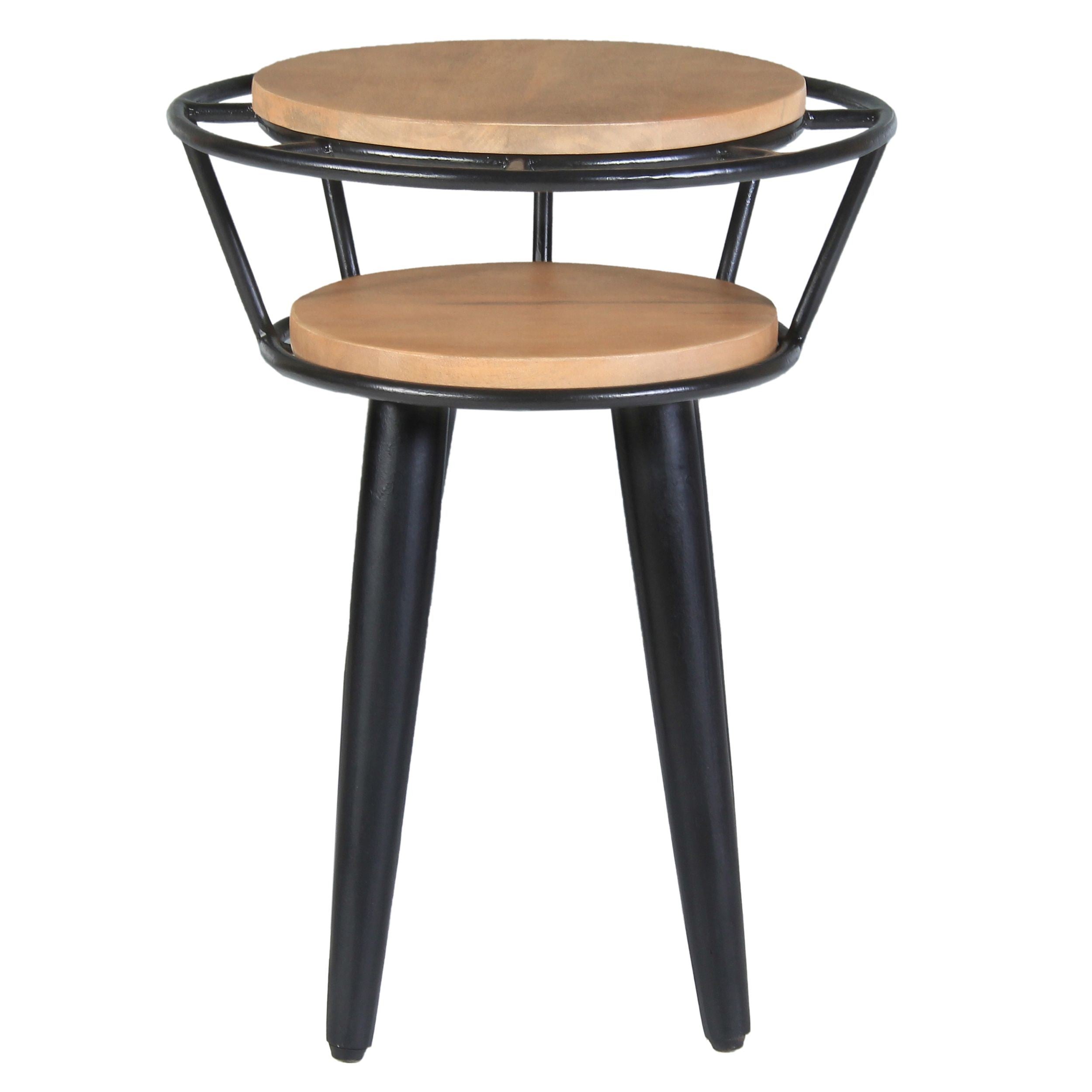 20 Inch Handcrafted Industrial End Table, 2 Tier Round Wood Shelves, Metal Frame, Oak Brown and Black