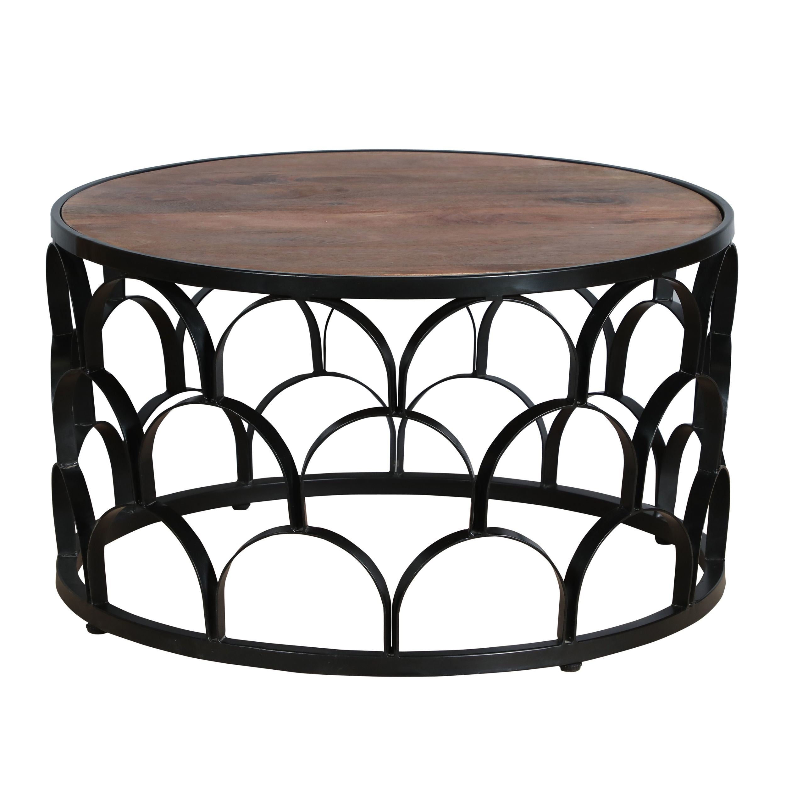 32 Inch Round Coffee Table, Mango Wood Top, Lattice Cut Out Metal Frame, Brown, Black