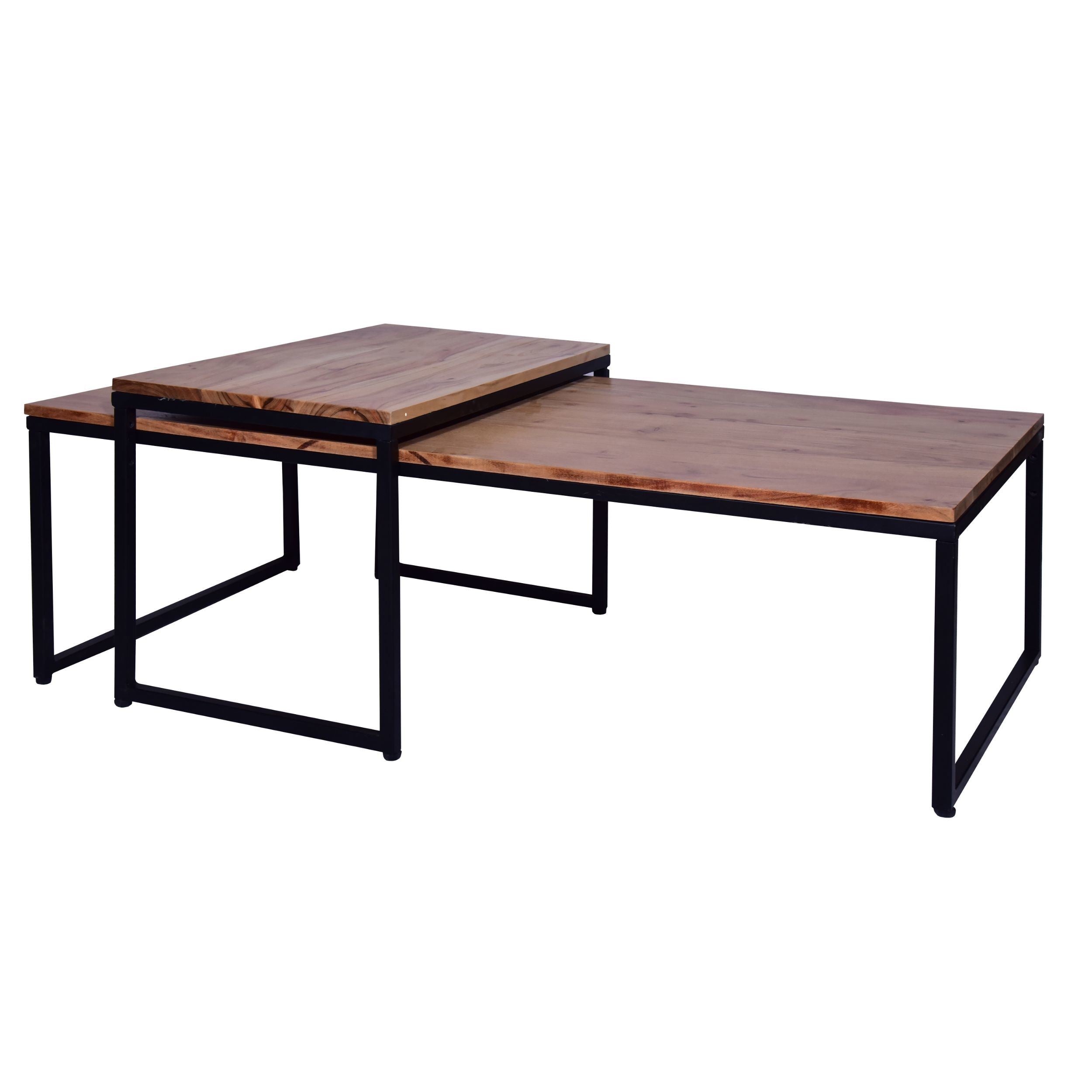 48, 27 Inch 2 Piece Rectangular Wood Nesting Coffee and End Table Set, Sled Metal Base, Brown, Black