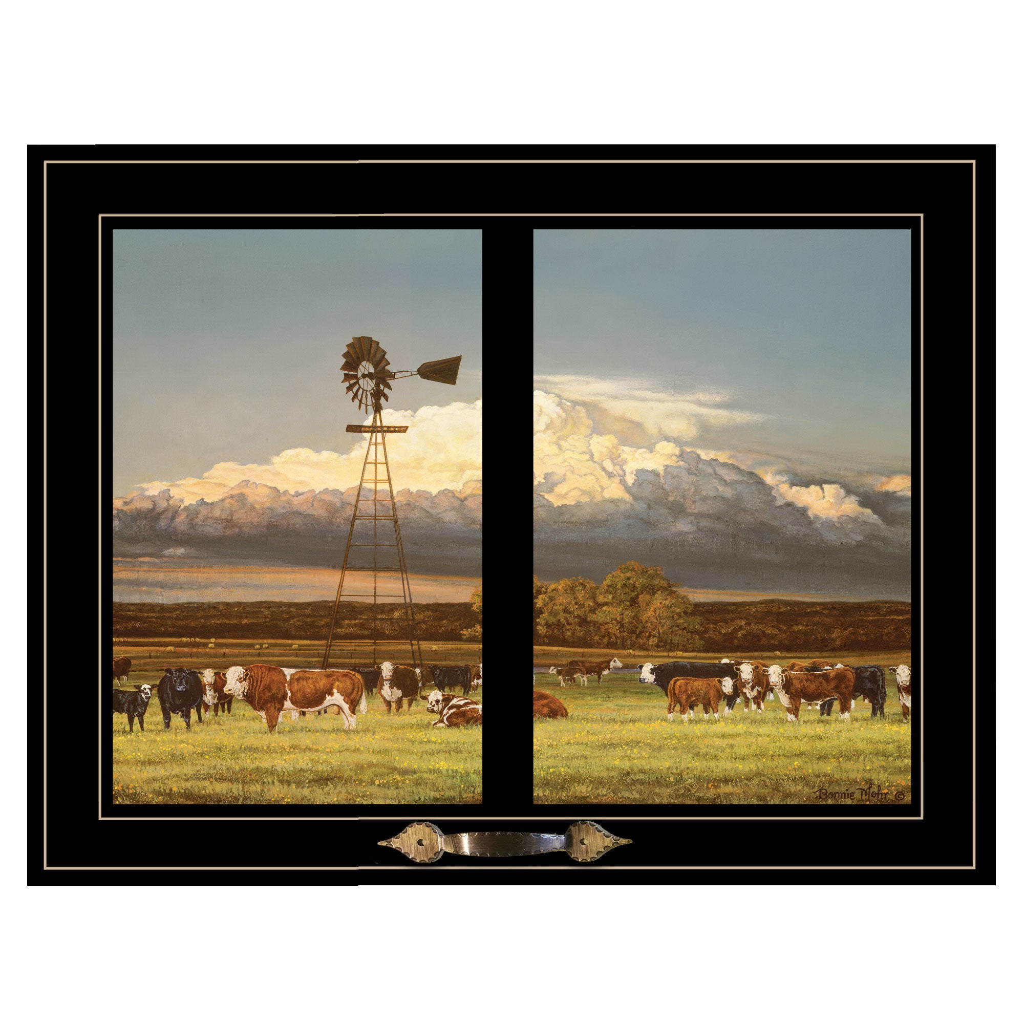 "Summer Pastures (Holstein cows with windmill)" by Bonnie Mohr, Ready to Hang Framed Print, Black Window-Style Frame