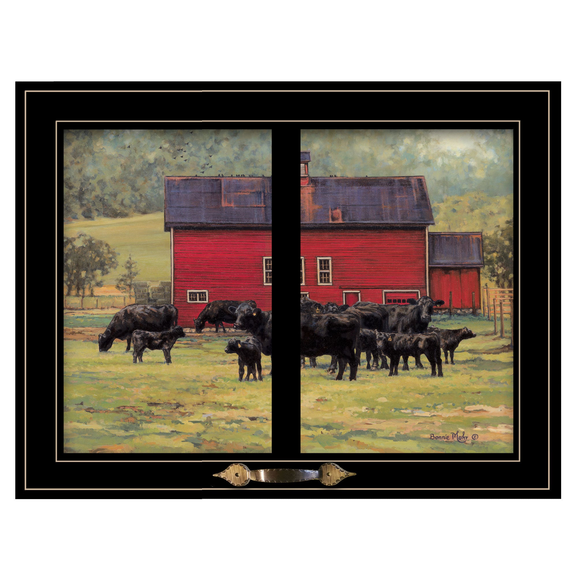 "By the Red Barn (Herd of Angus)" by Bonnie Mohr, Ready to Hang Framed Print, Black Window-Style Frame