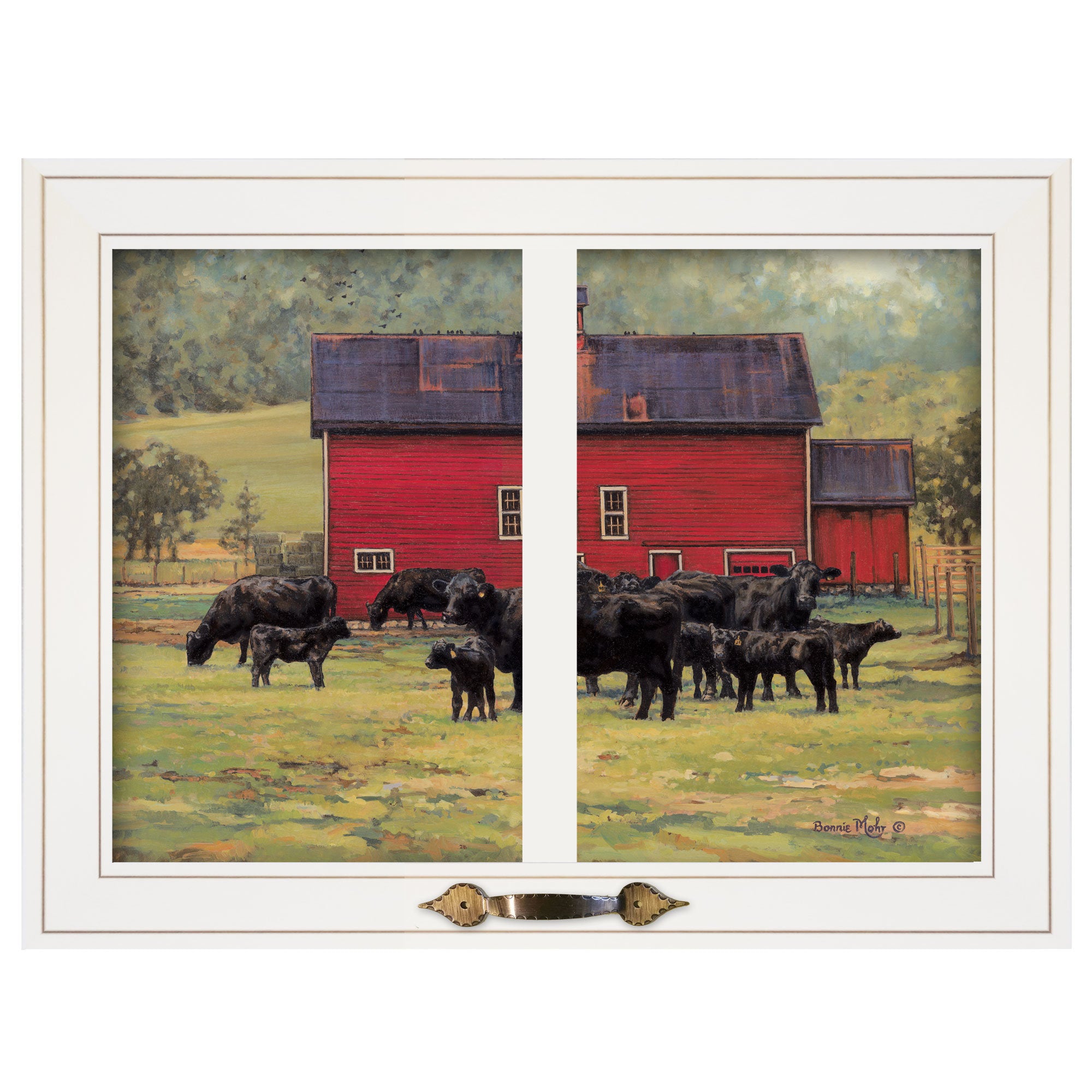 "By the Red Barn (Herd of Angus)" by Bonnie Mohr, Ready to Hang Framed Print, White Window-Style Frame