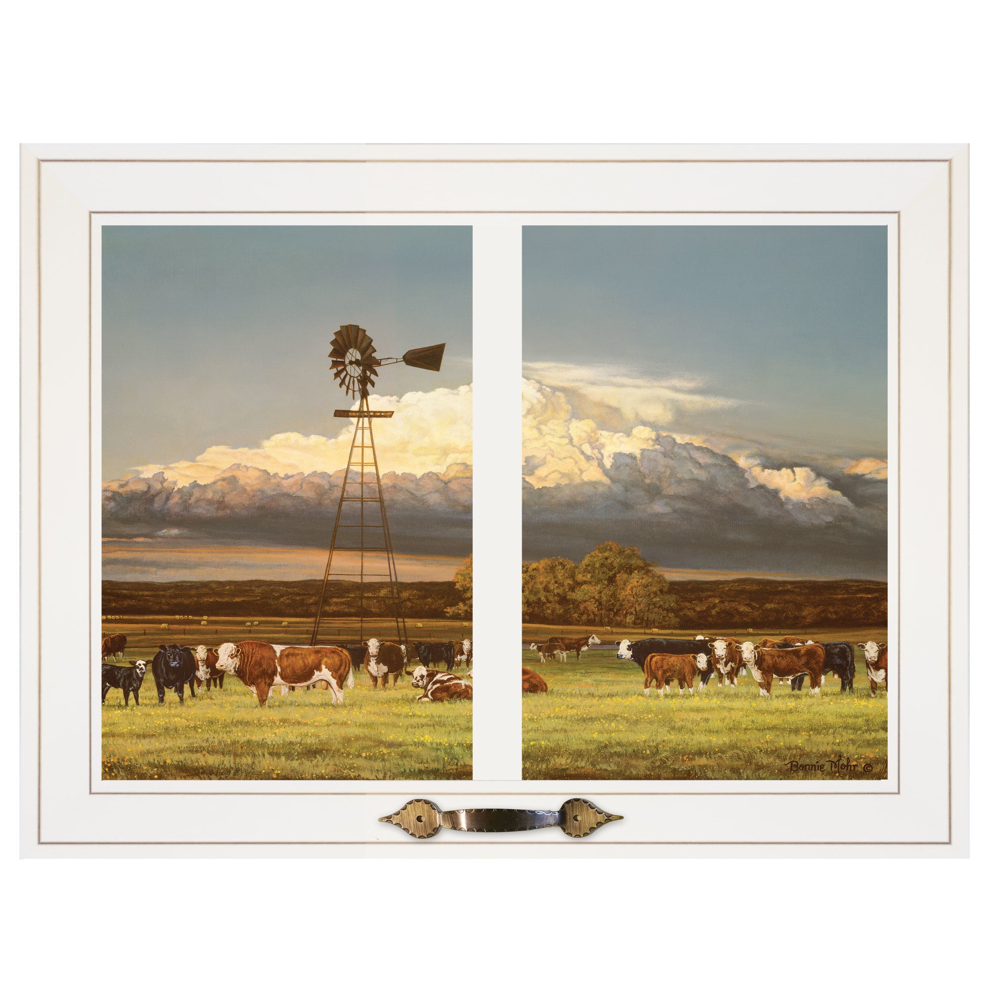 "Summer Pastures (Holstein cows with windmill)" by Bonnie Mohr, Ready to Hang Framed Print, White Window-Style Frame