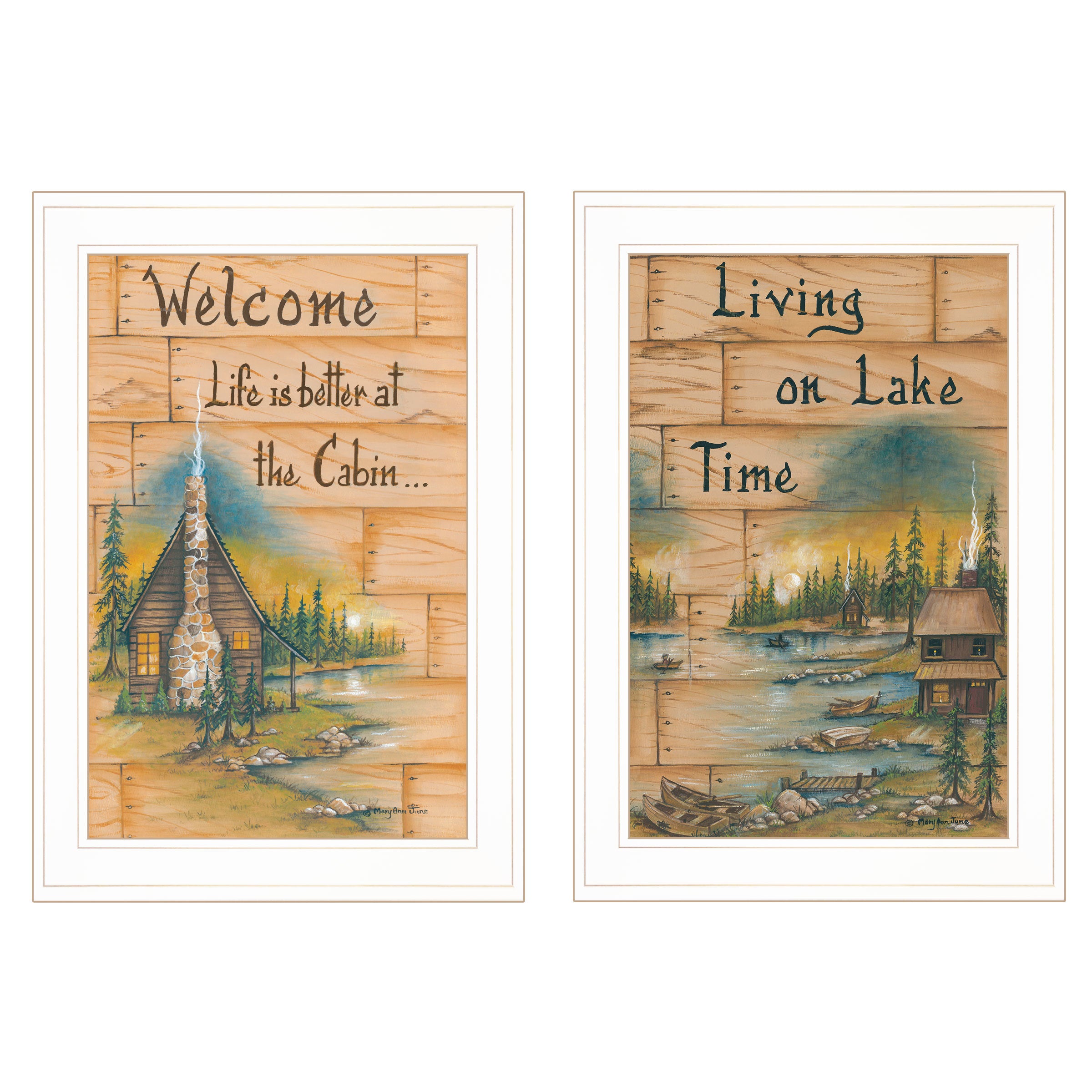 "Living on the Lake" 2-Piece Vignette by Mary June, White Frame