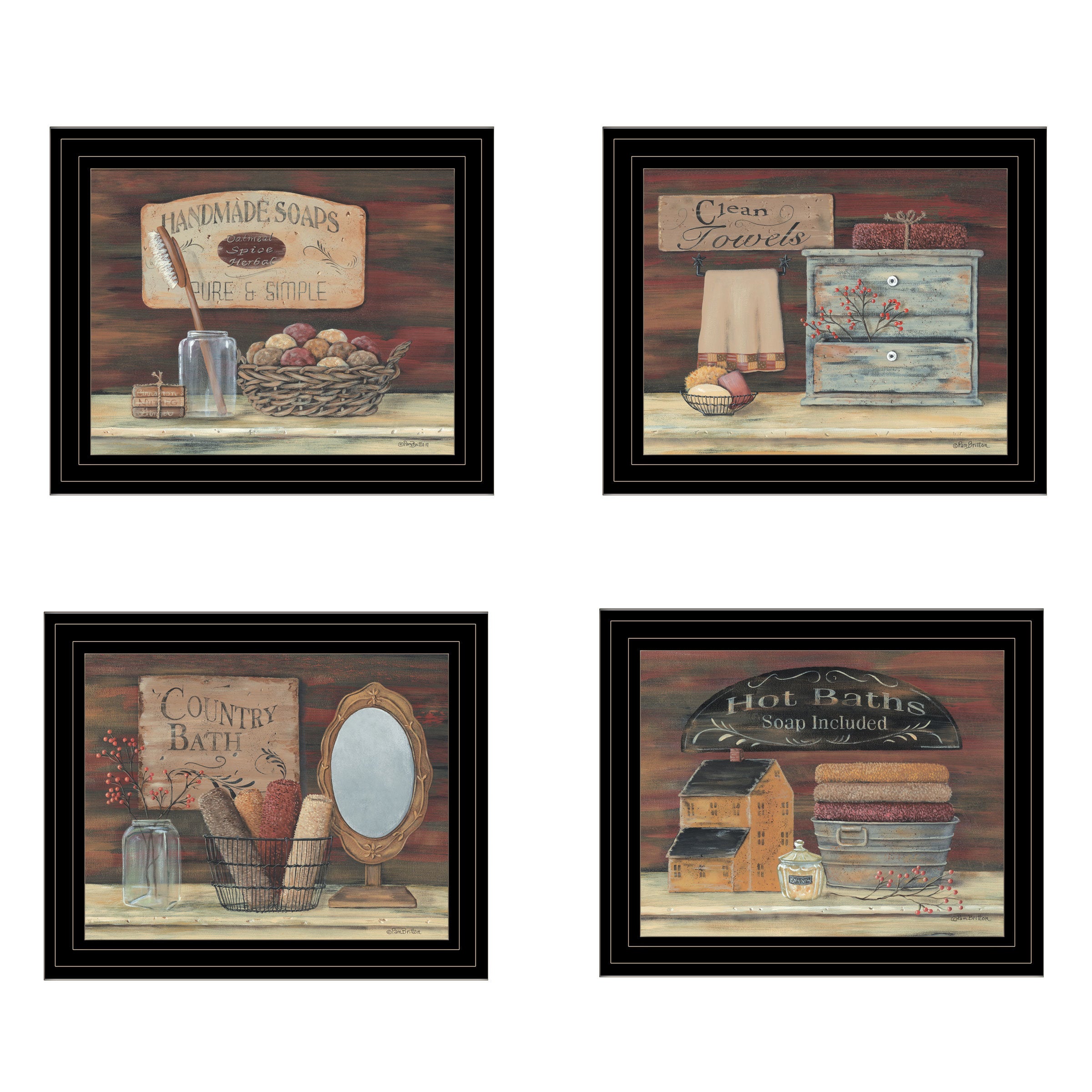 "BATHROOM COLLECTION I" 4-Piece Vignette by Pam Britton, Black Frame