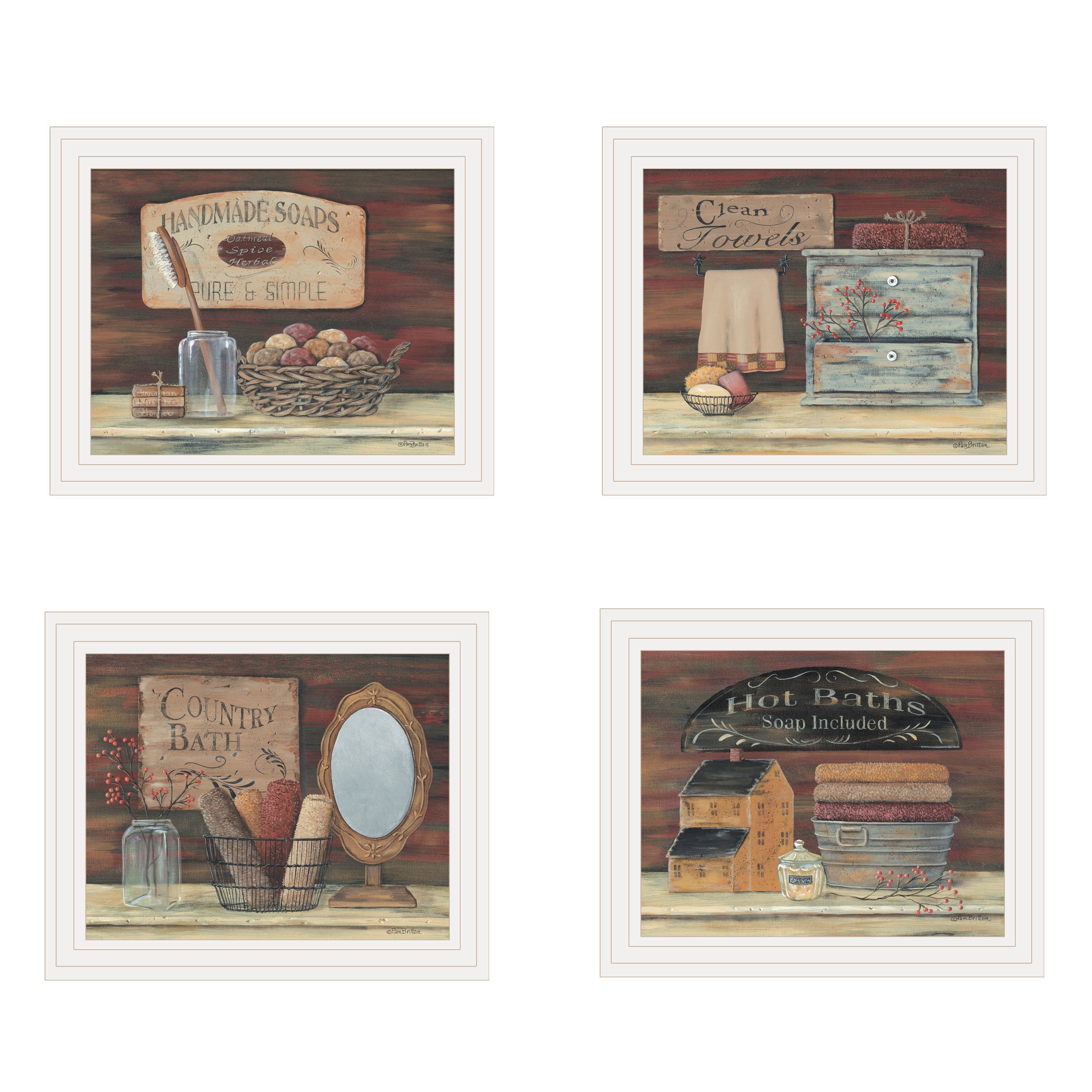 "Bathroom Collection II" 4-Piece Vignette by Pam Britton, White Frame