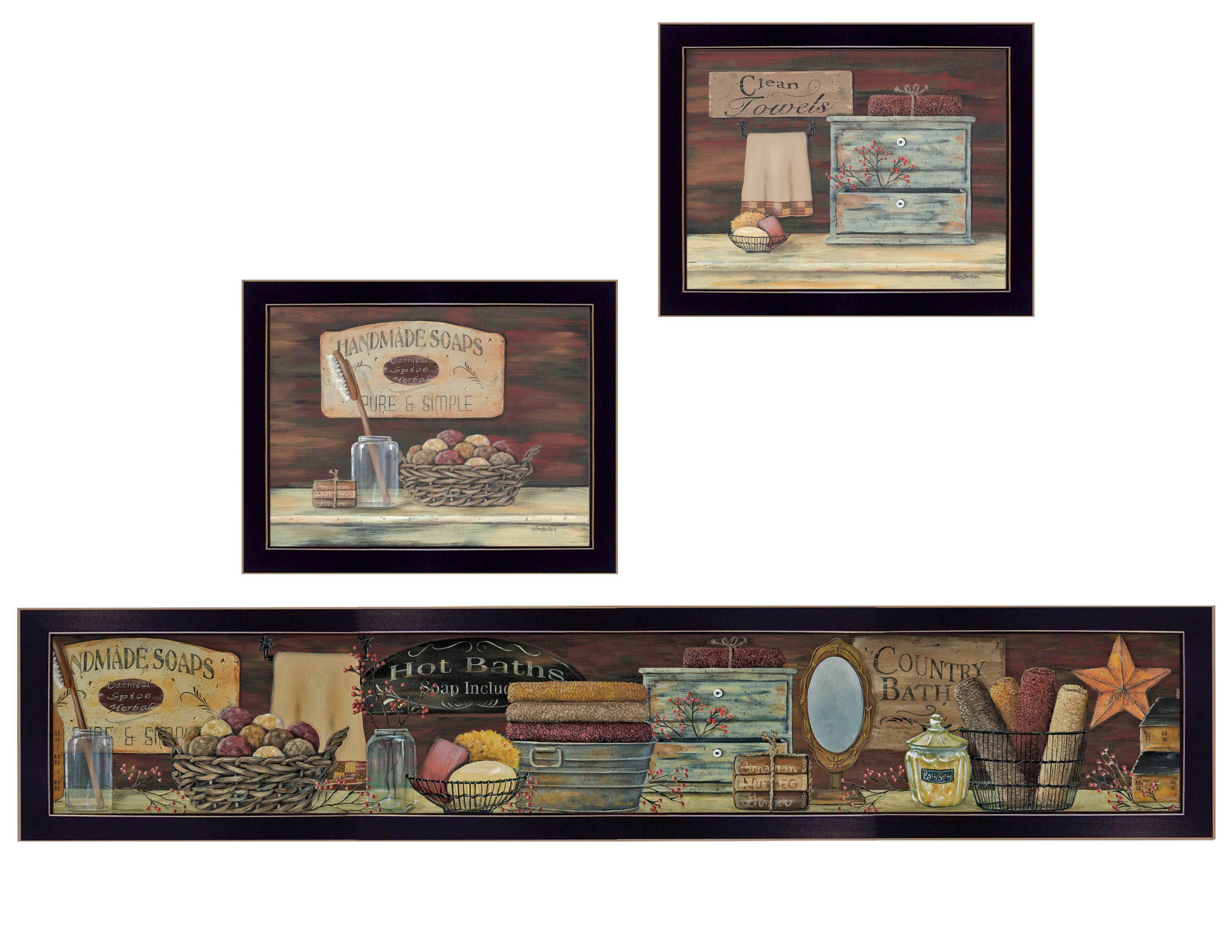 "COUNTRY BATH 1" 3-Piece Vignette by Pam Britten, Black Frame