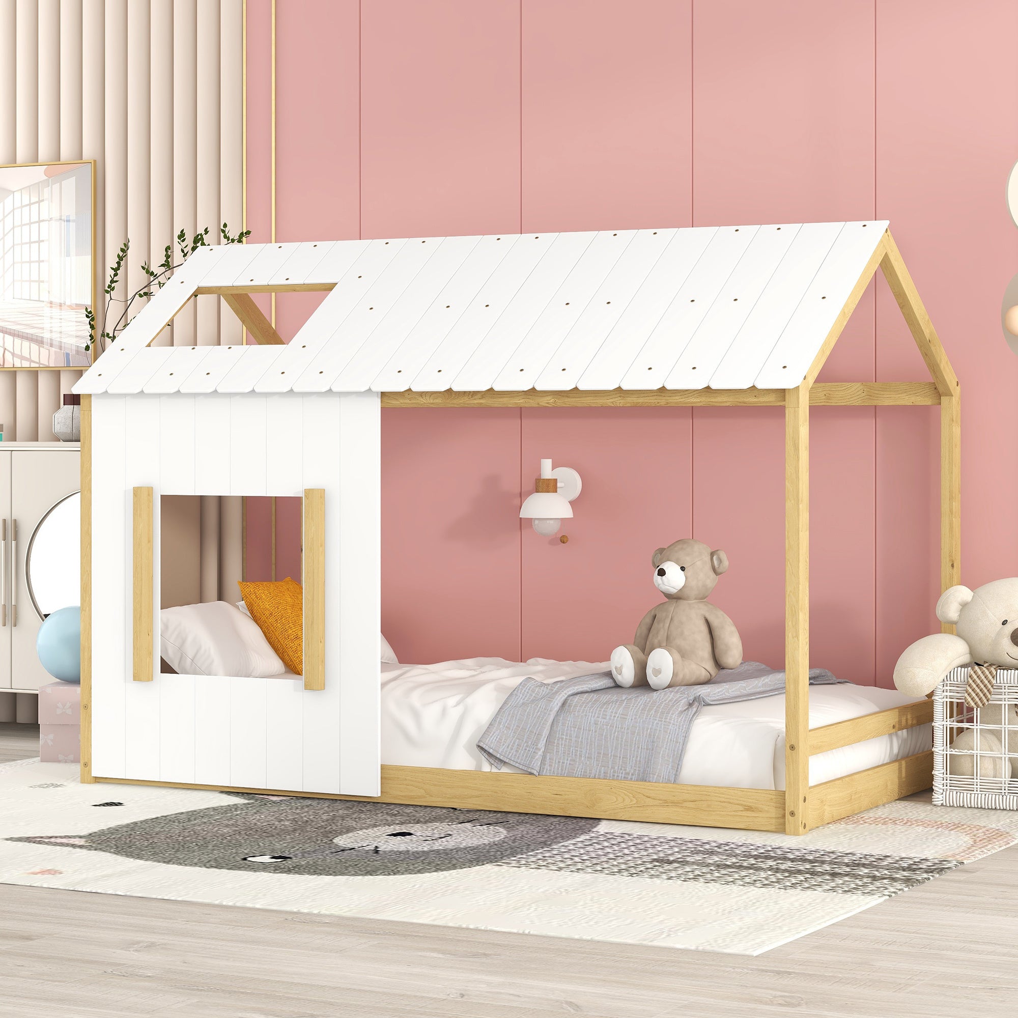 Twin Size House Bed with Roof and Window - White+Natural