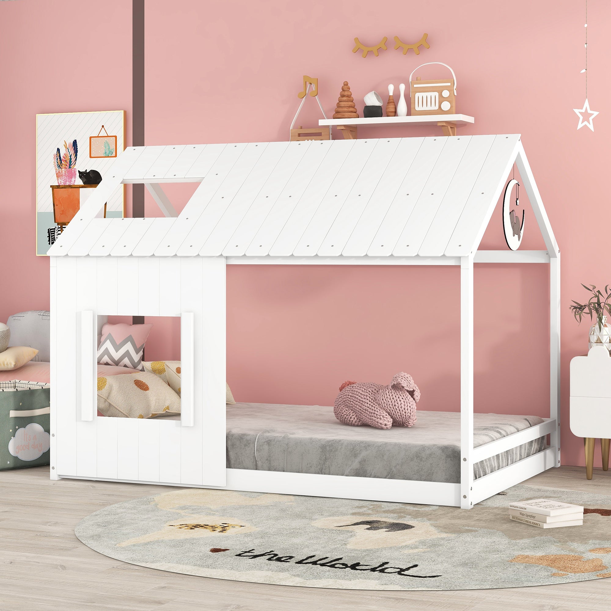 Full Size House Bed with Roof and Window - White