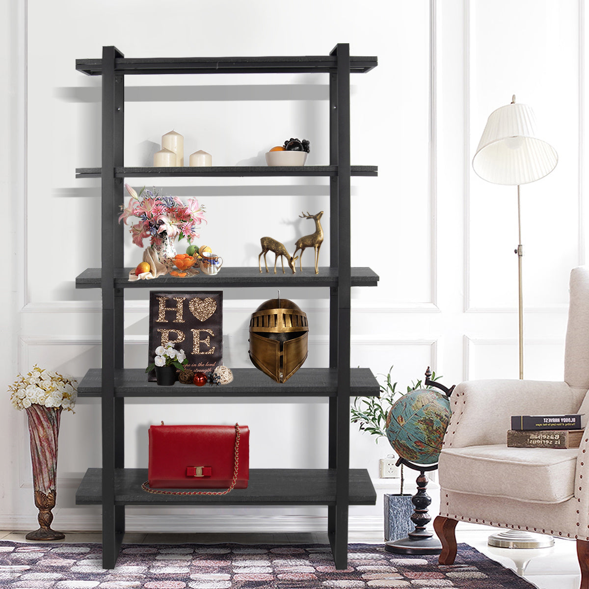 32"W X 11"D X 70.9"H 5-layer Metal Shelf-Bookshelf- 5-tire storage shelf -Bookcase, BLACK