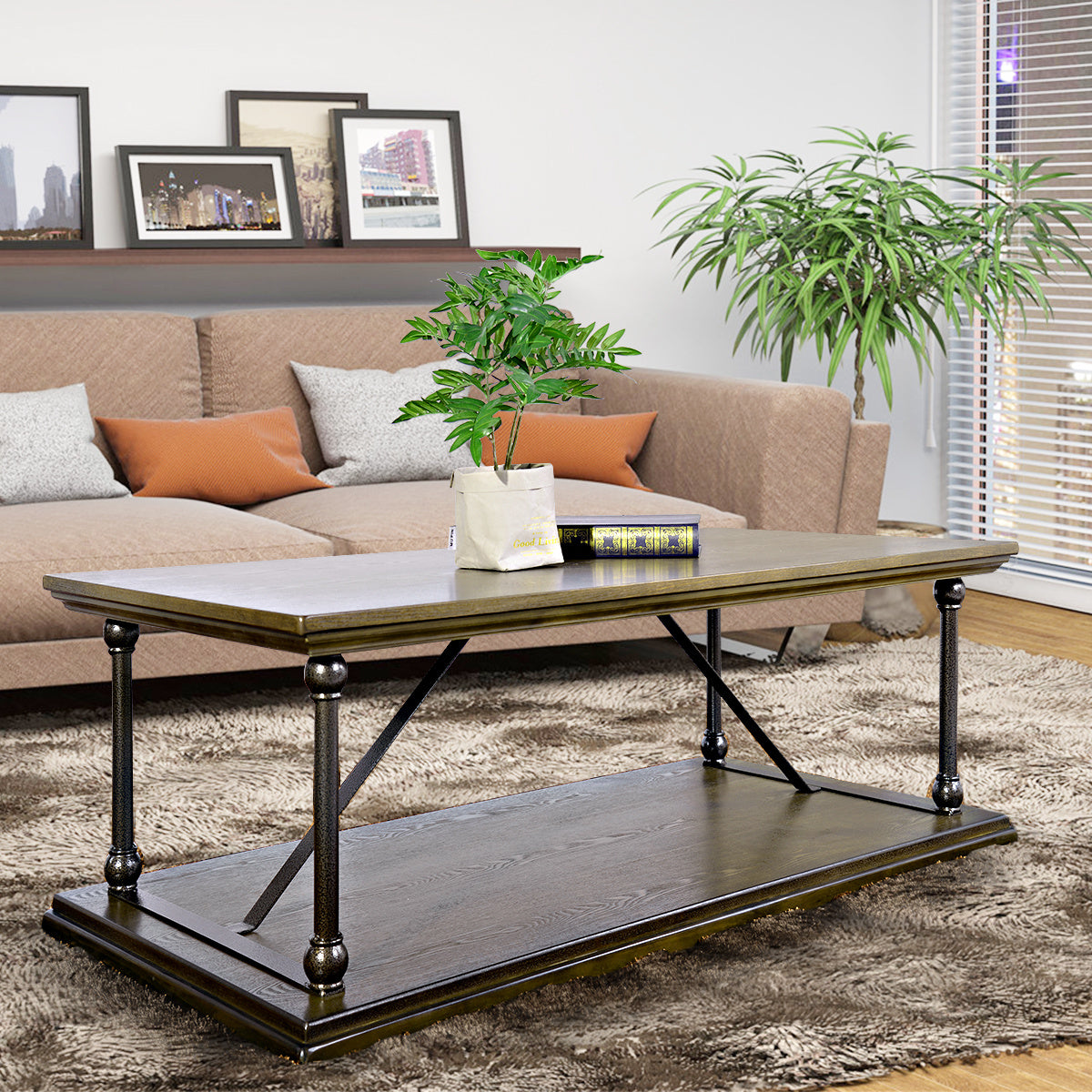 47.2"W X 23.6"D X 16.9"H Country Style Coffee Table with Bottom Shelf - BROWN & BLACK