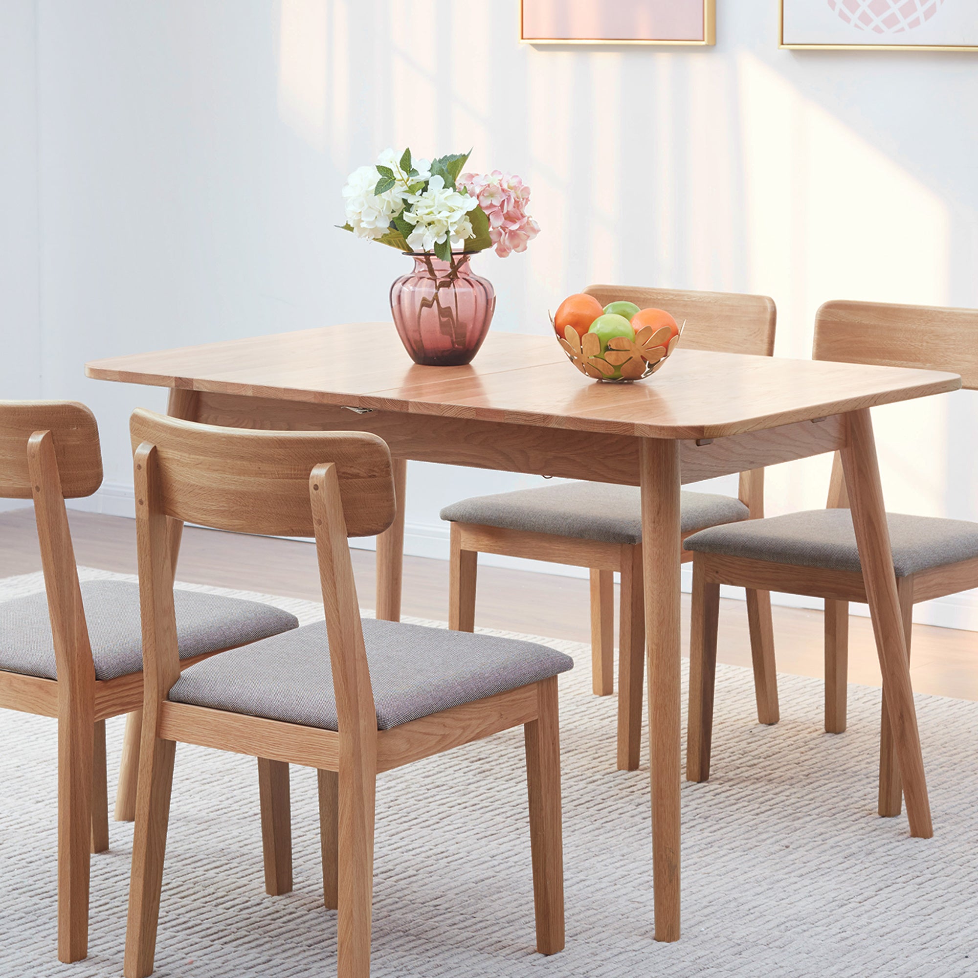 Natural solid oak round corner diagonal leg telescopic table 1.2-1.6m, for 6-8 people to meet Dining table wood (light color)