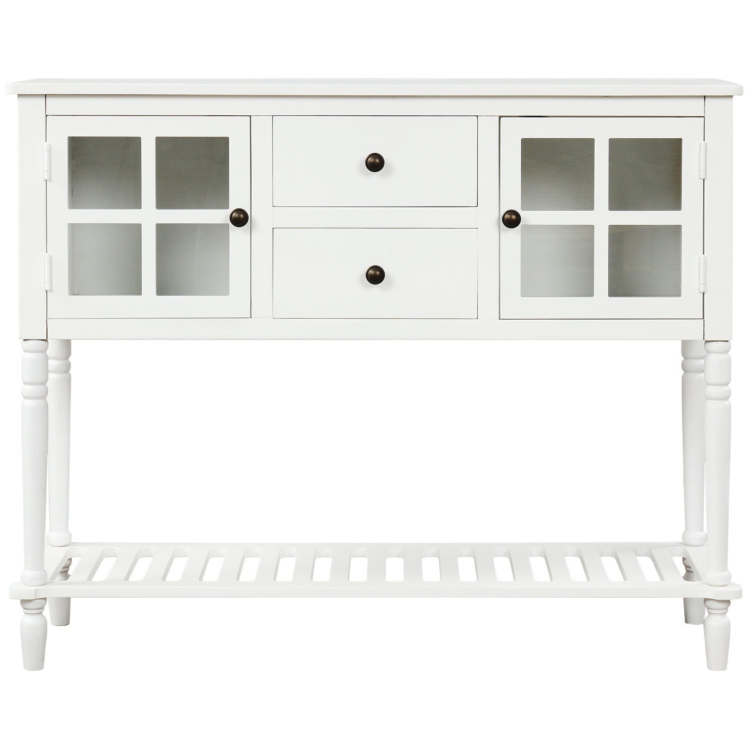 TREXM Sideboard Console Table with Bottom Shelf, Farmhouse Wood/Glass Buffet Storage Cabinet Living Room (White)