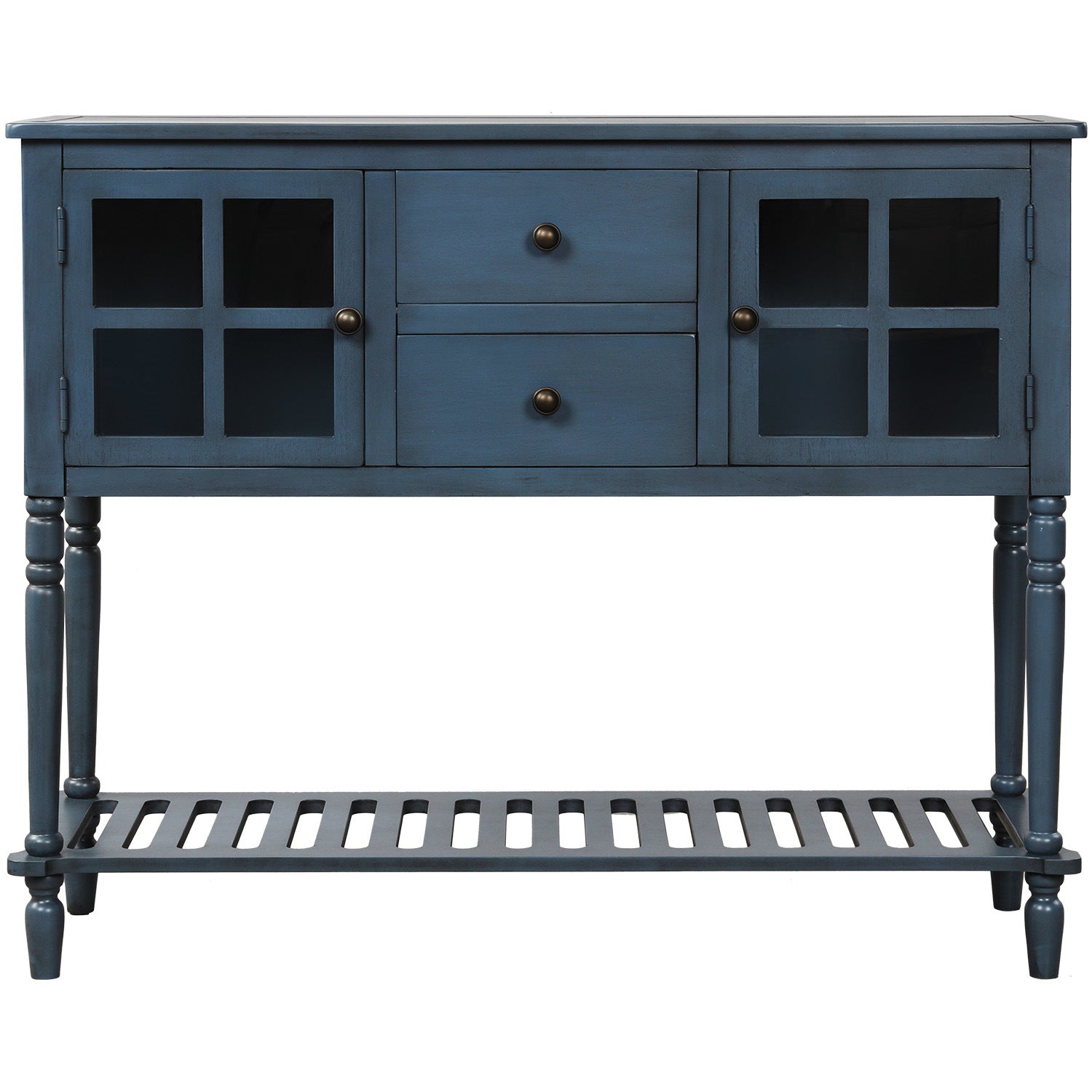 TREXM Sideboard Console Table with Bottom Shelf, Farmhouse Wood/Glass Buffet Storage Cabinet Living Room (Antique Navy)