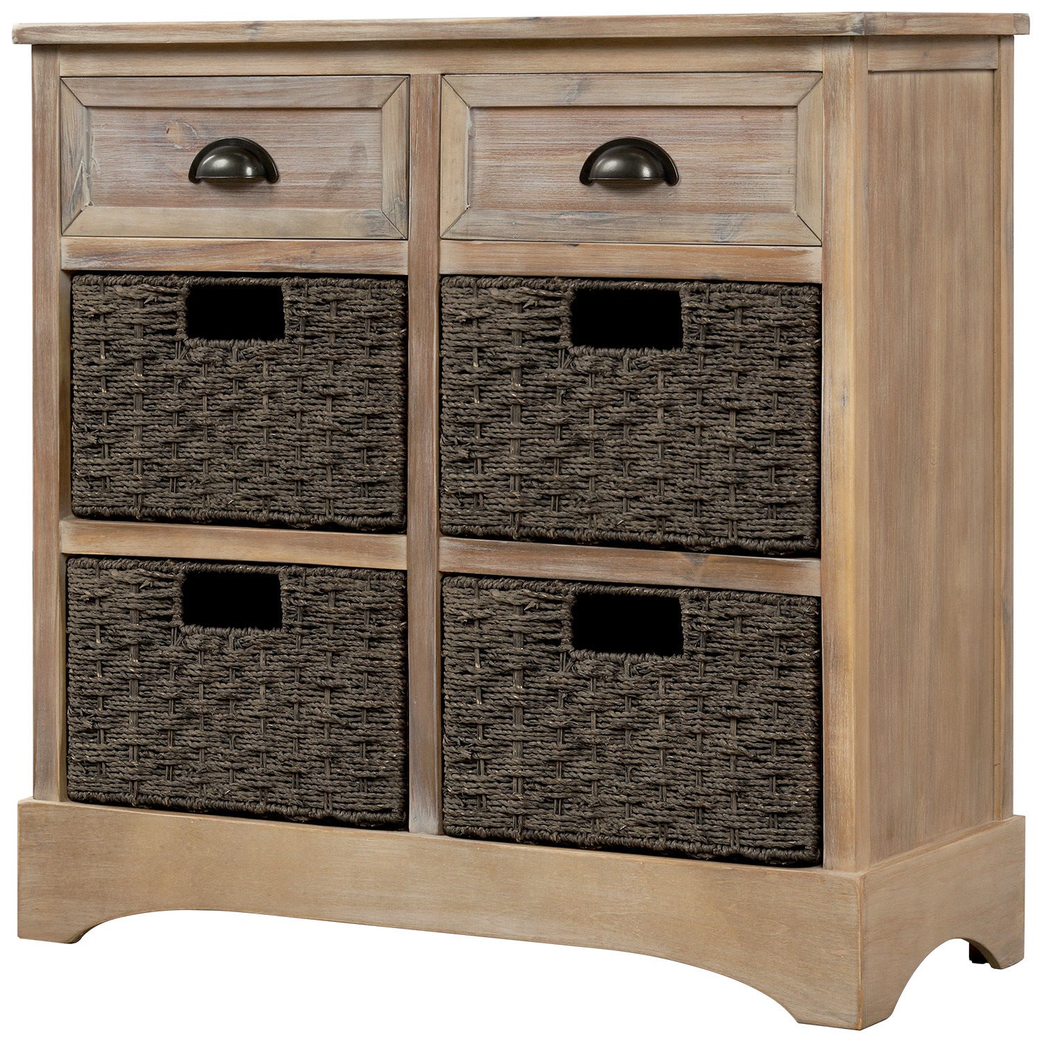 TREXM Rustic Storage Cabinet with Two Drawers and Four Classic Rattan Basket for Dining Room/Living Room (White Washed)