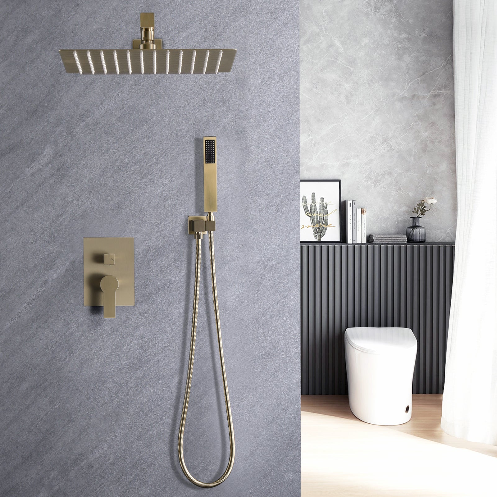 10inch Brushed Gold Brass Rainfall Shower System, Luxuly Bathroom Shower Faucet Combo Set