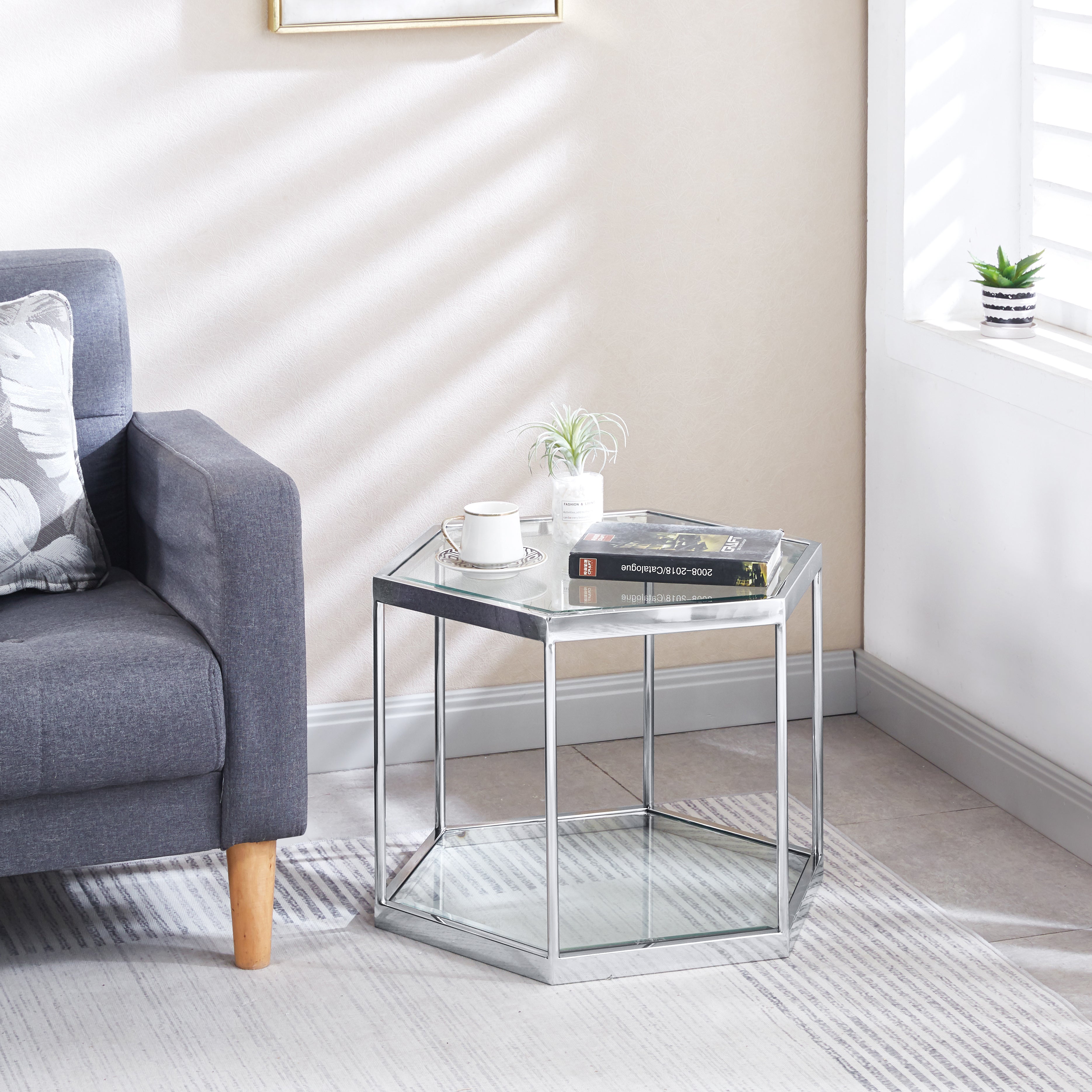 Modern Glass Coffee Table with Silver Finish Stainless Steel Frame