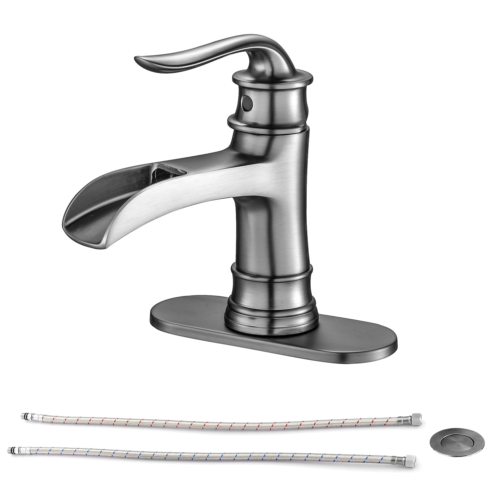 Waterfall Spout Bathroom Faucet,Single Handle Single Hole with Pop Up Drain,Brushed Nickel