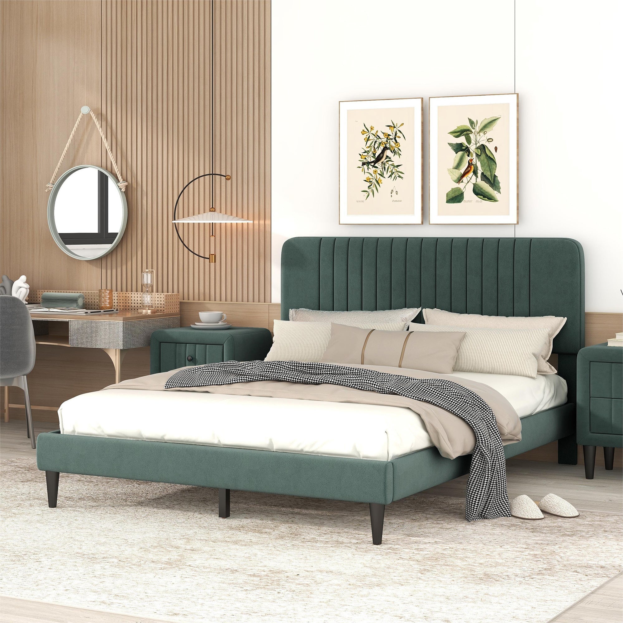 Queen Size Upholstered Platform Bed,No Box Spring Needed, Velvet Fabric,Green