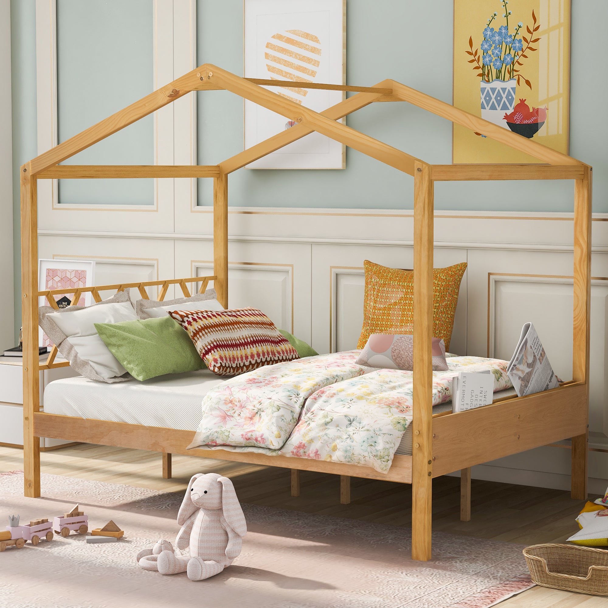 Full Size Wood House Bed with Storage Space, Natural (OLD SKU :LP000002AAM)