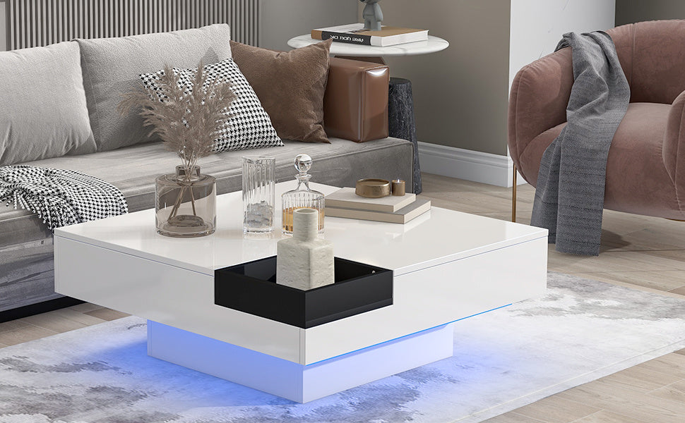 ON-TREND Modern Minimalist Design 31.5*31.5in Square Coffee Table with Detachable Tray and Plug-in 16-color LED Strip Lights Remote Control for Living Room