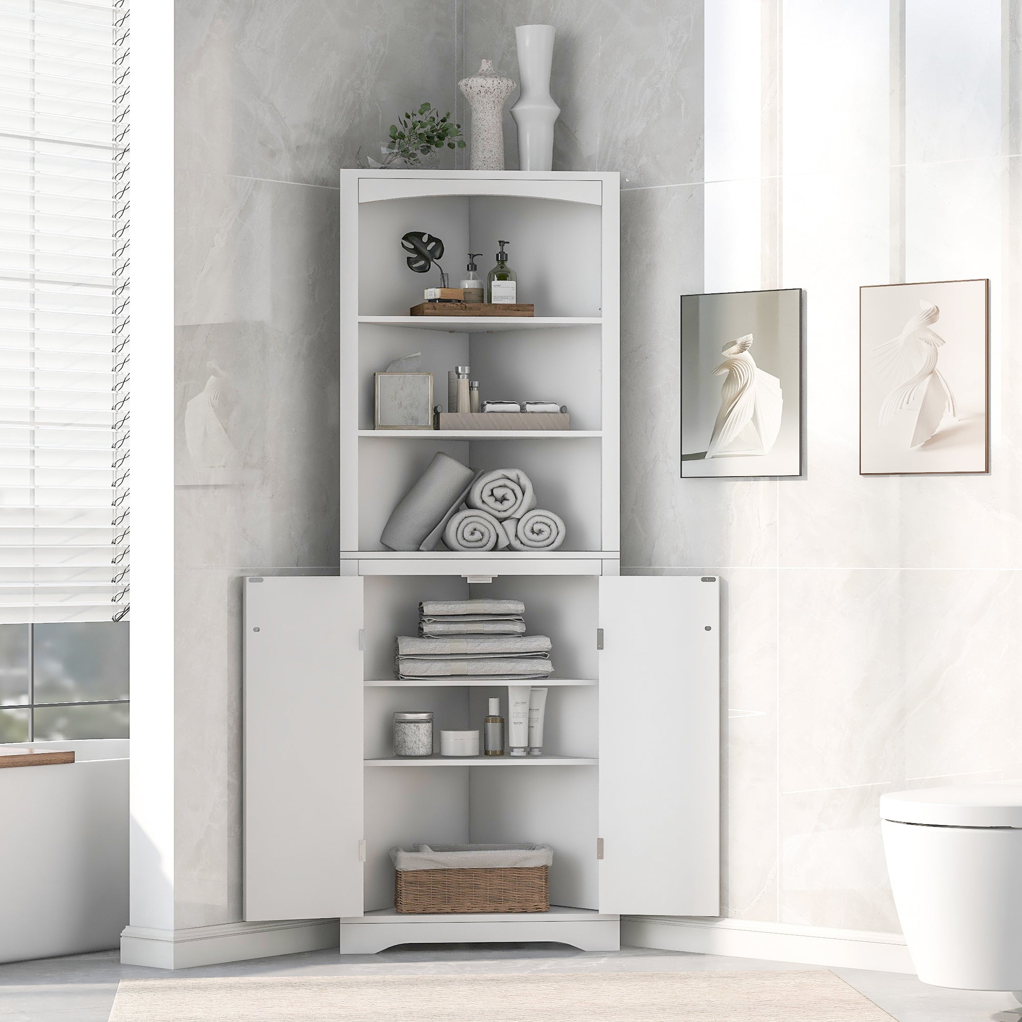 White Bathroom Storage Corner Cabinet with Adjustable Shelves and Doors, Multi-Functional Tall Storage Cabinet for Kitchen, Living Room or Entryway, MDF Board