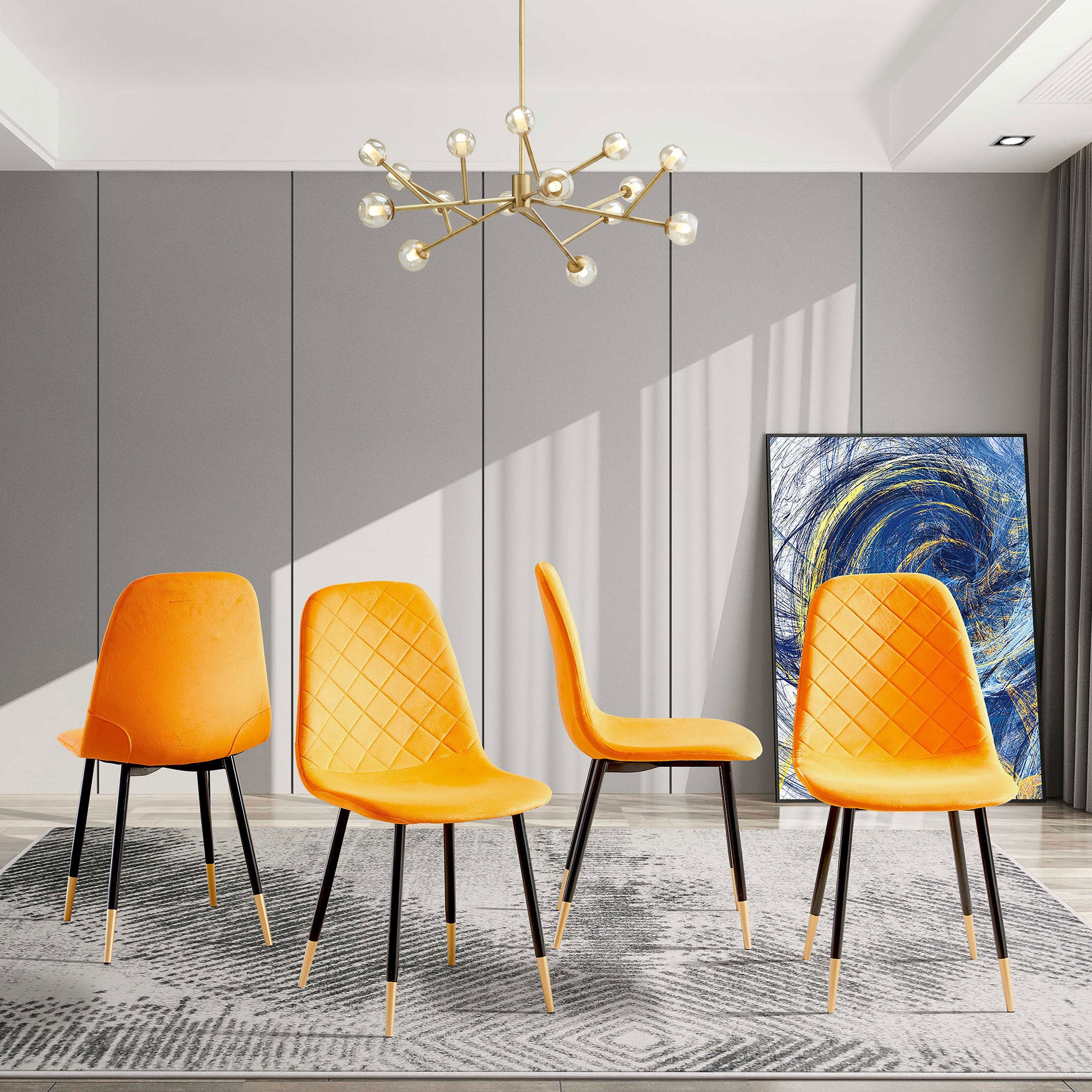 Orange Velvet Tufted Accent Chairs with Golden Color Metal Legs, Modern Dining Chairs for Living Room,Set of 4