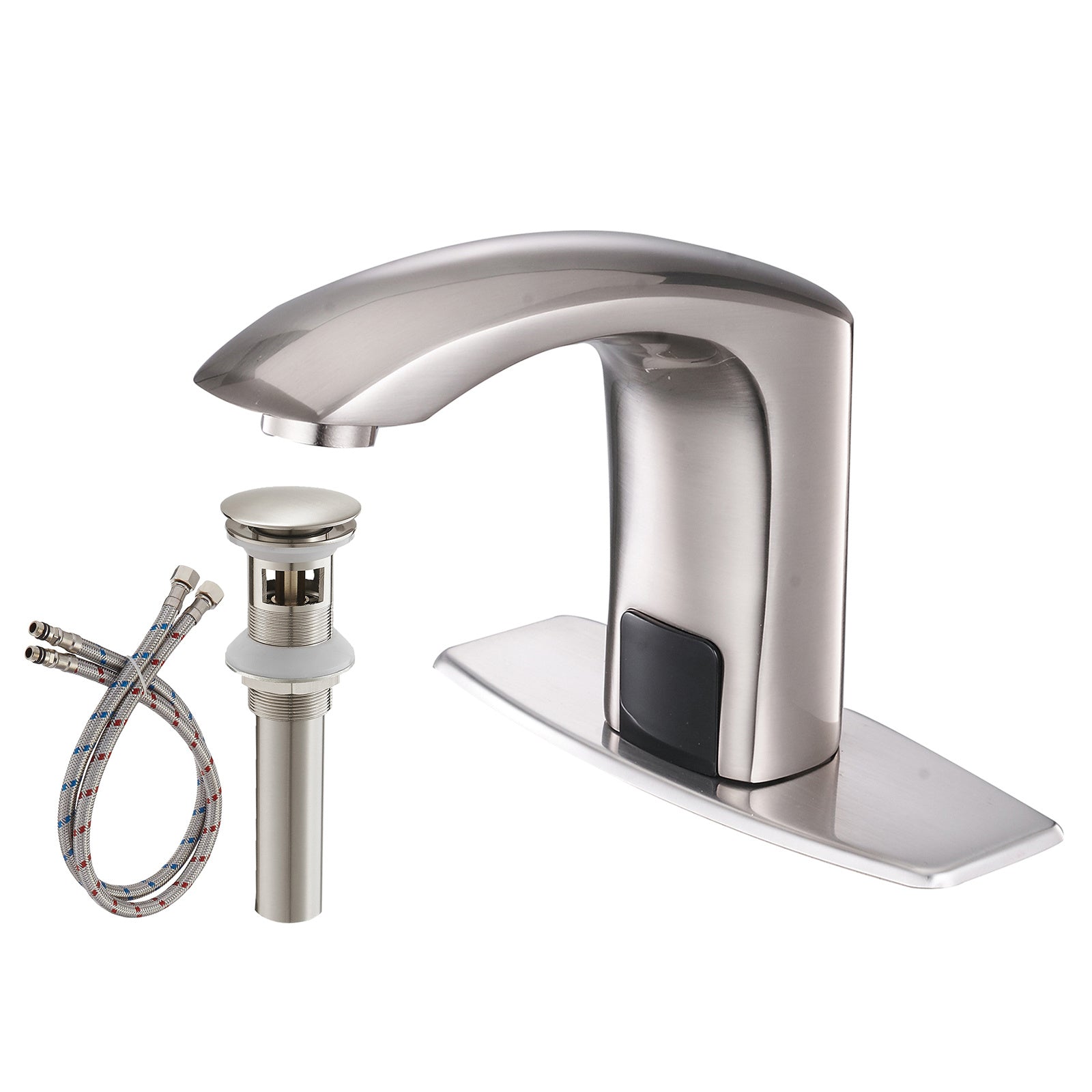 Automatic Sensor Touchless Bathroom Sink Faucet With Deck Plate & Pop Up Drain In Brushed Nickel