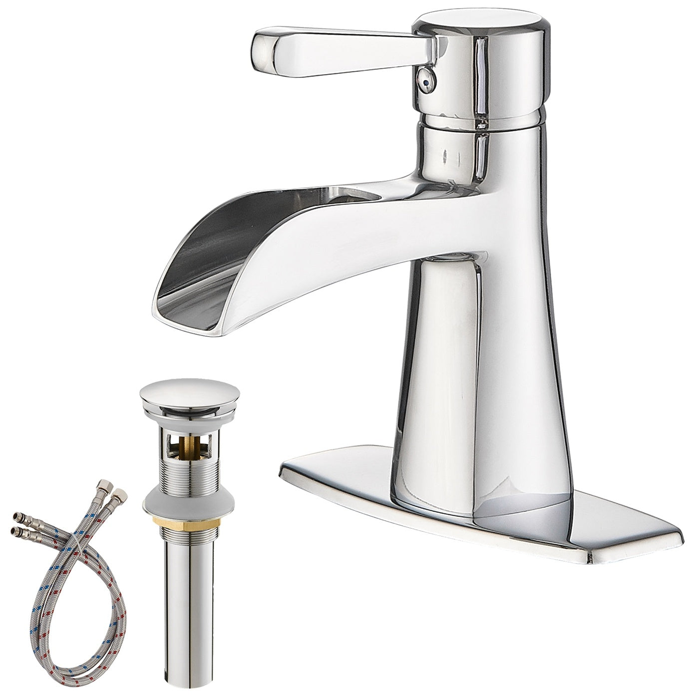 Waterfall Single Hole Single-Handle Low-Arc Bathroom Sink Faucet With Pop-up Drain Assembly In Polished Chrome