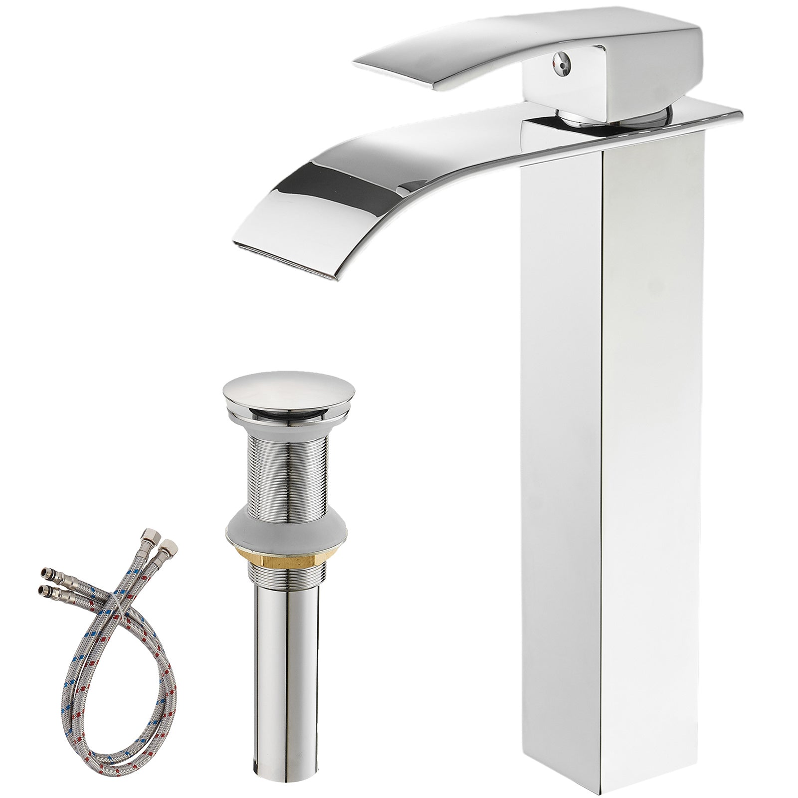 Waterfall Single Hole Single Handle Bathroom Vessel Sink Faucet With Pop-up Drain Assembly in Polished Chrome