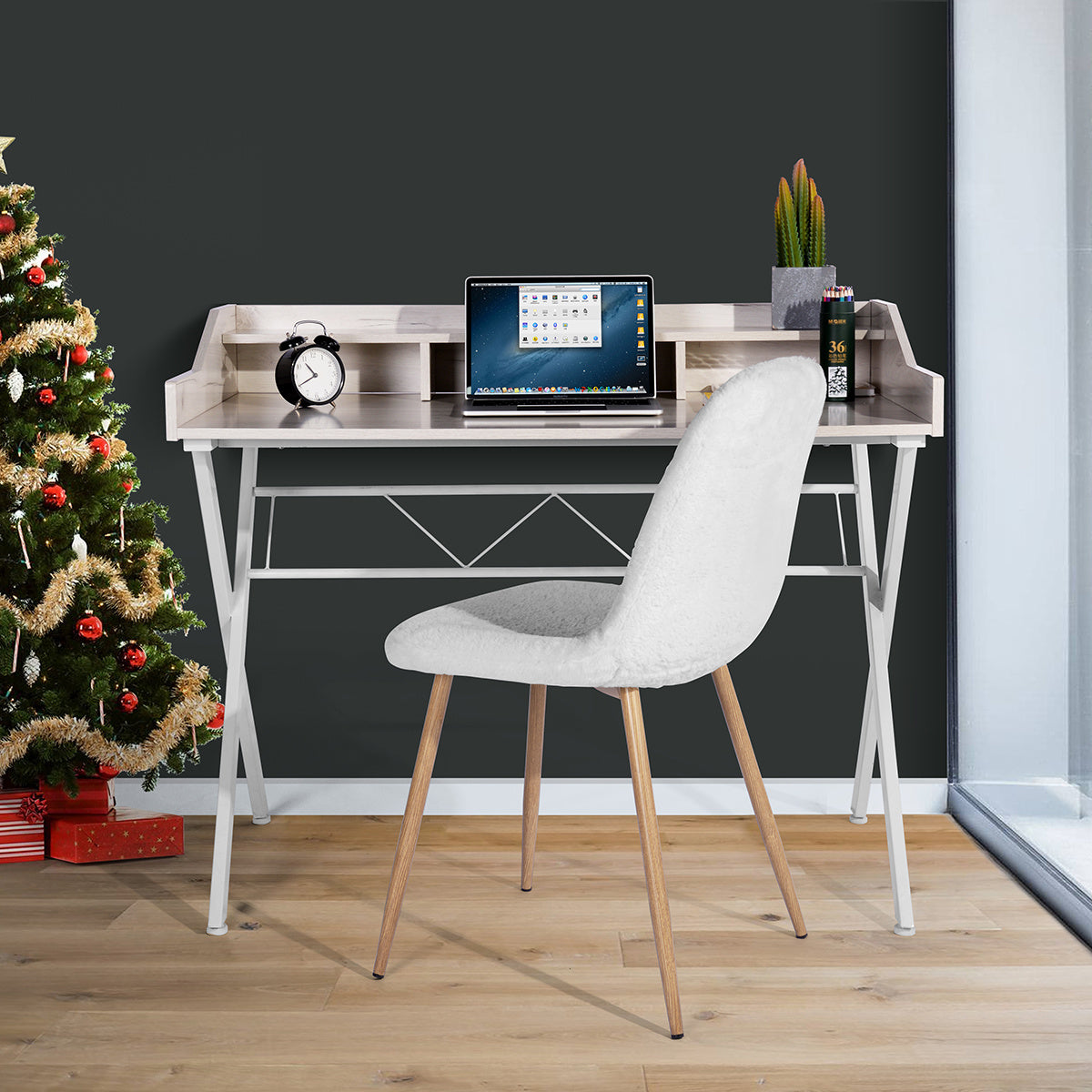 43.3" Computer Desk With 3 Open Cubbies - Beige & WHITE