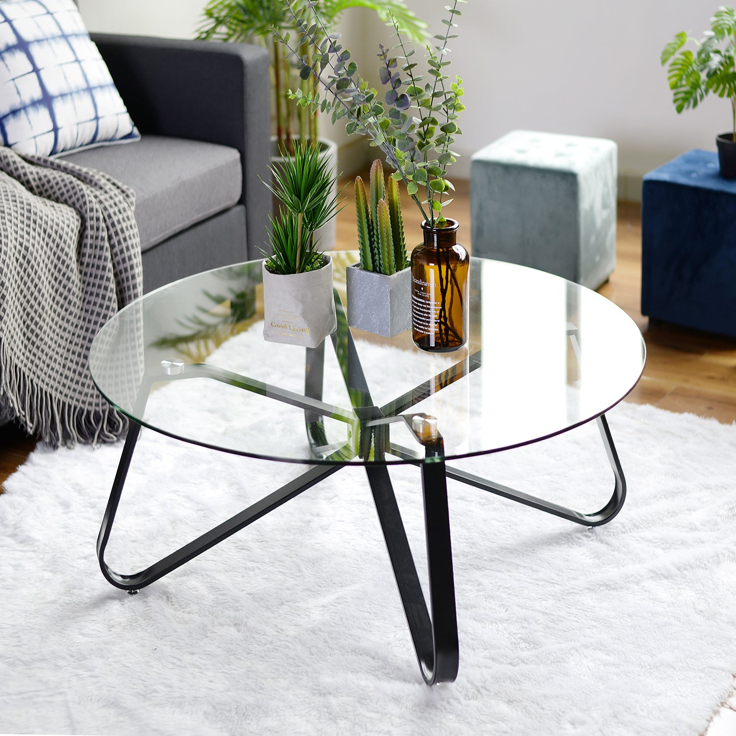 Round Coffee Table for Living Room, 31.5-inch Modern Sofa Side End Table with Tempered Glass Top & Metal Legs, Accent Cocktail Tea Table, 31.5 x 31.5 x 15.6 inches, Black