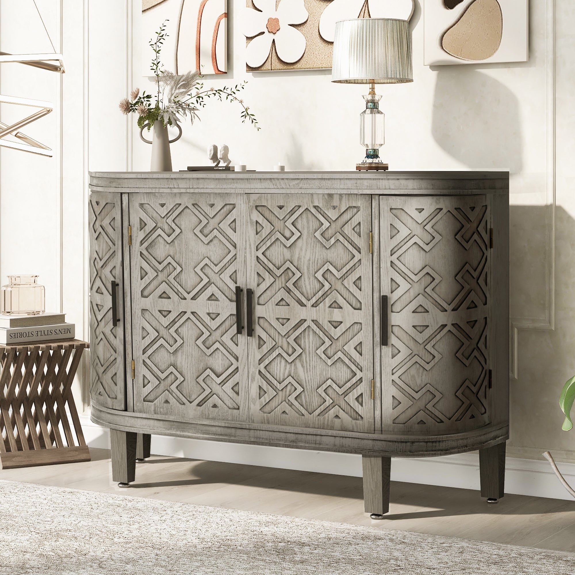 U-Style Accent Storage Cabinet Sideboard Wooden Cabinet with Antique Pattern Doors for Hallway, Entryway, Living Room