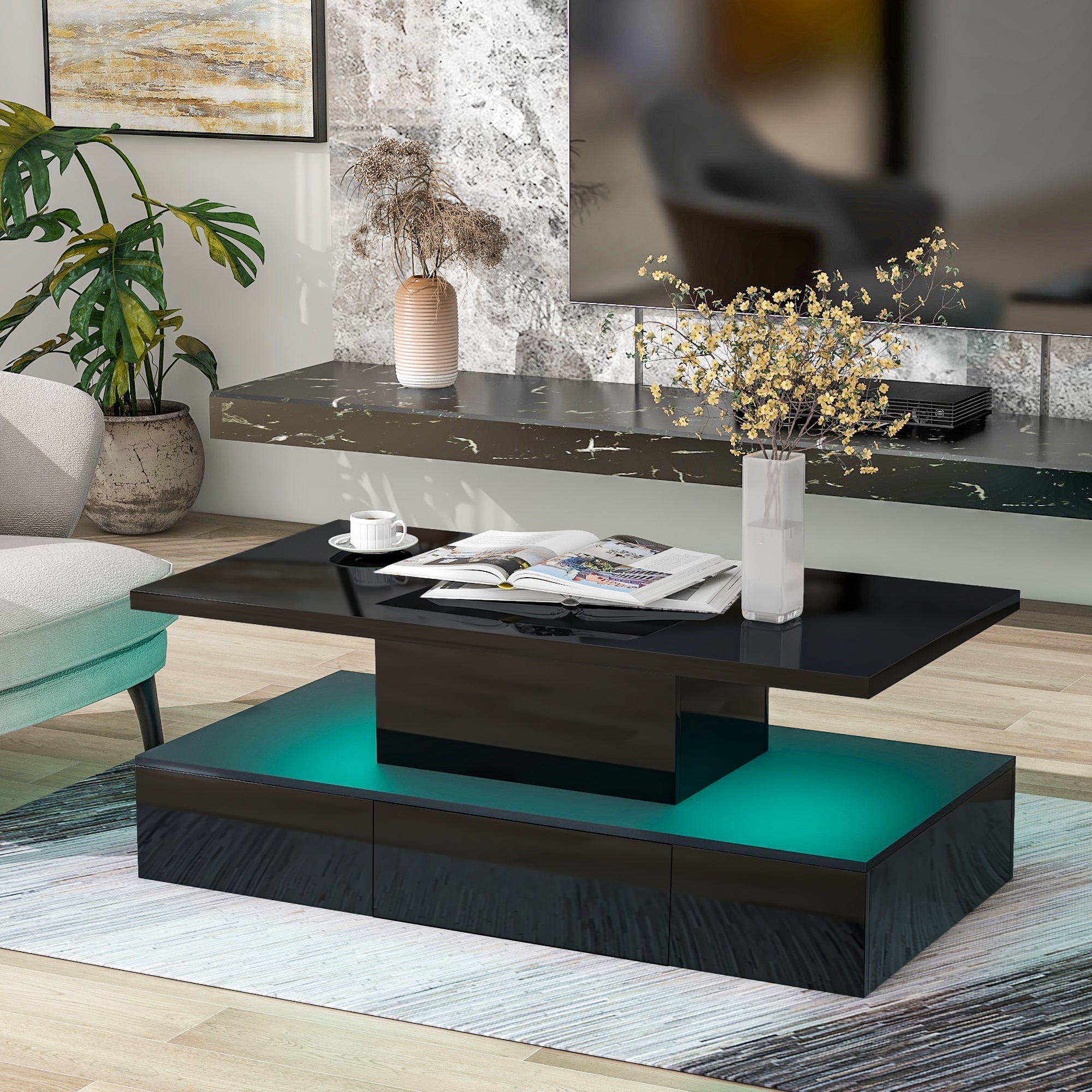 ON-TREND Modern Glossy Coffee Table With Drawer, 2-Tier Rectangle Center Table with LED lighting for Living room, 39.3''x19.6''x15.3'', Black