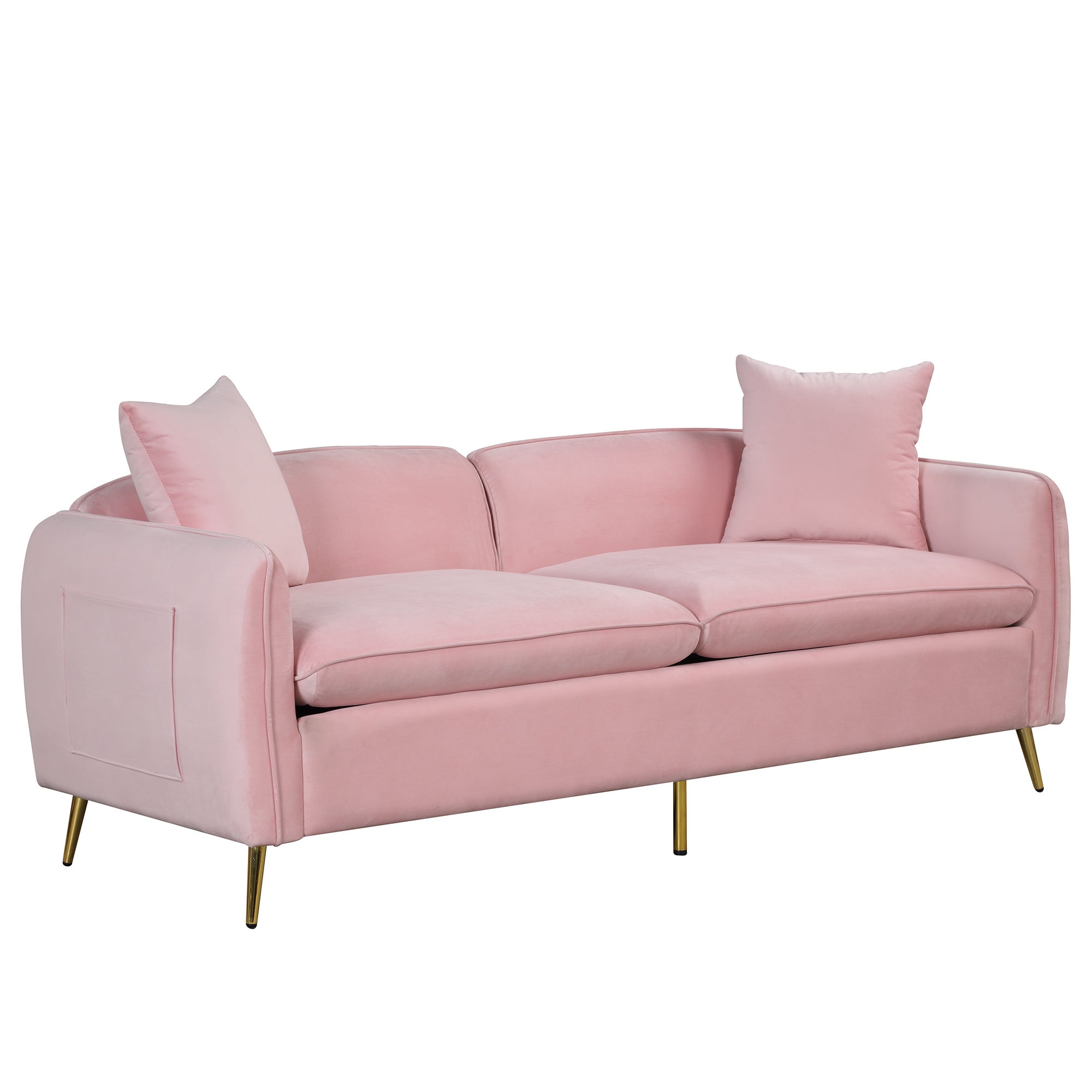 77.5" Velvet Upholstered Sofa with Armrest Pockets,3-Seat Couch with 2 Pillows and Golden Metal Legs for Living Room,Apartment,Home Office,Pink