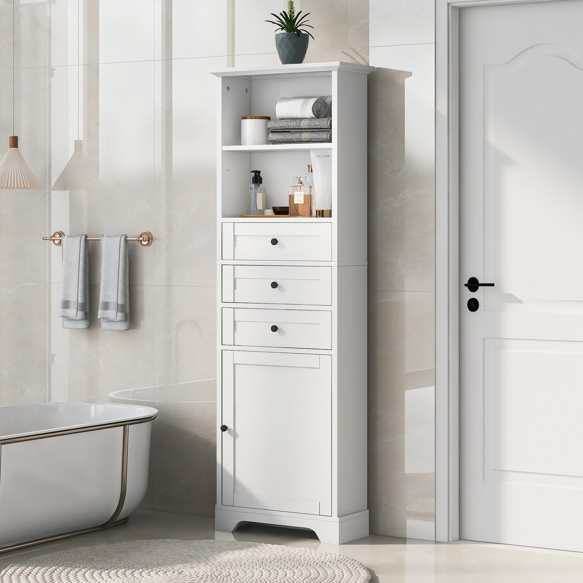 White Tall Storage Cabinet with 3 Drawers and Adjustable Shelves for Bathroom, Kitchen and Living Room, MDF Board with Painted Finish