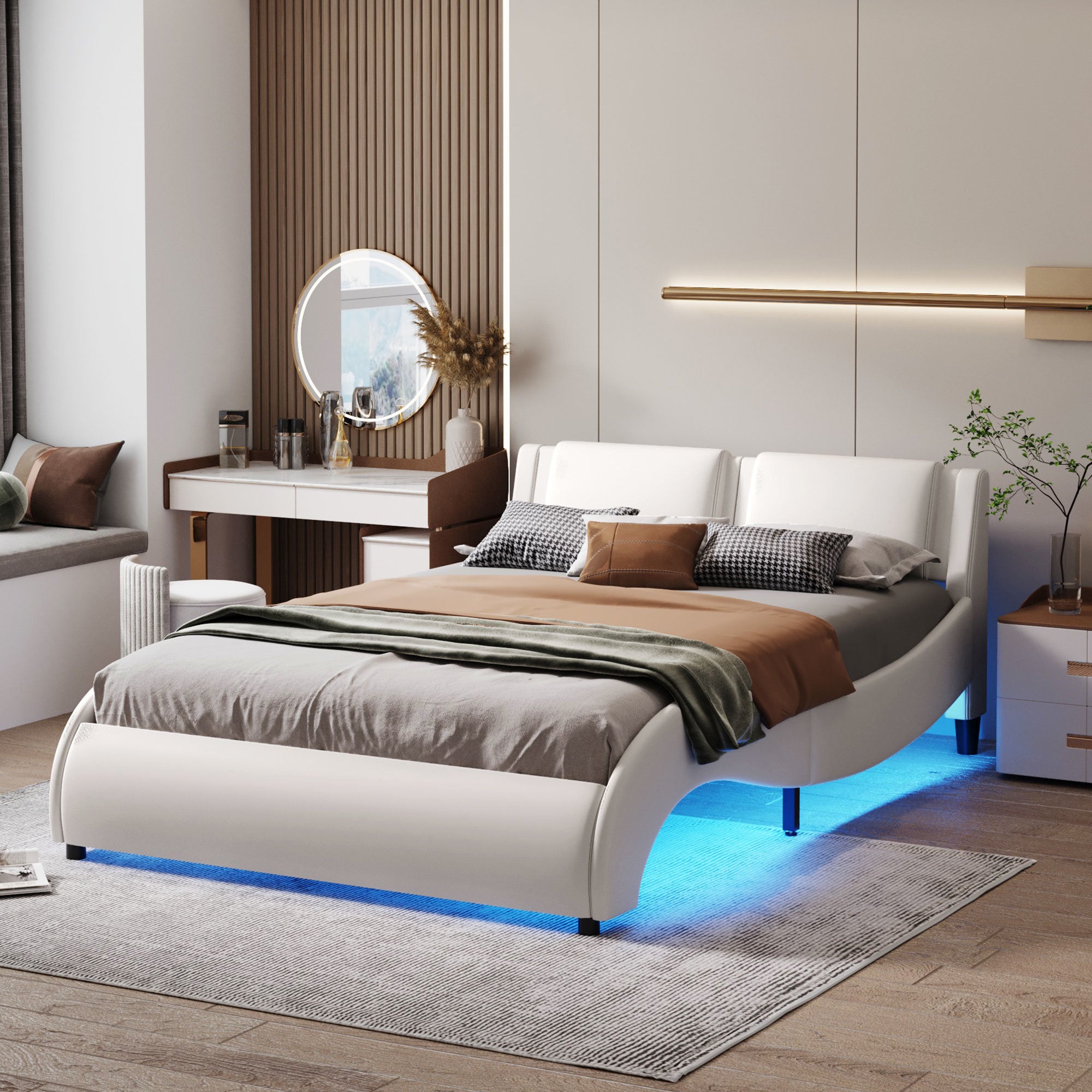 Full Size Upholstered Faux Leather Platform Bed with LED Light Bed Frame with Slatted - White