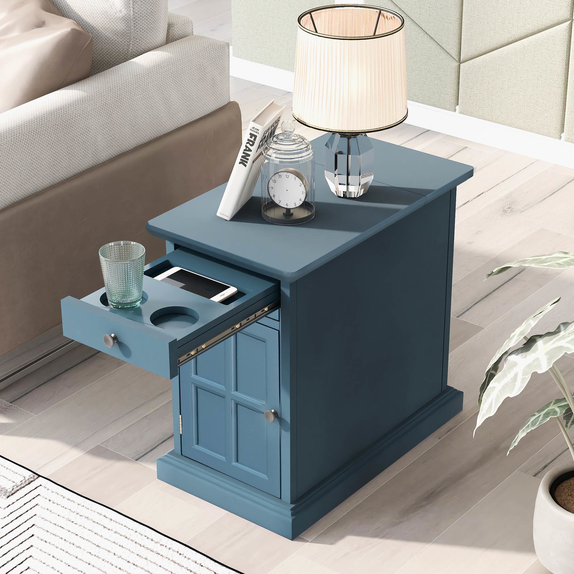 U-Can Classic Vintage Livingroom End Table Side Table with USB Ports and One Multifunctional Drawer with cup holders; Antique Navy