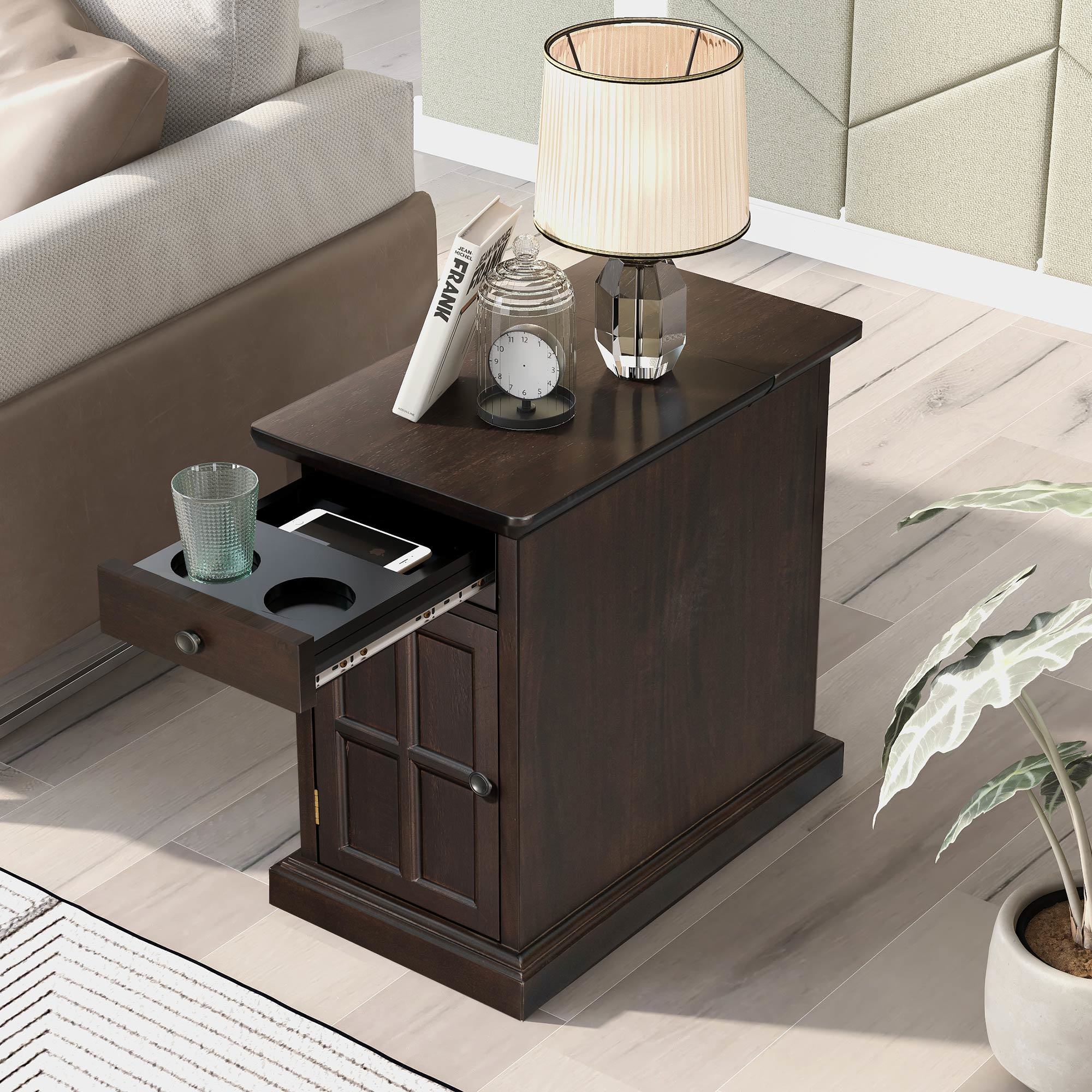 U-Can Classic Vintage Livingroom End Table Side Table with USB Ports and One Multifunctional Drawer with cup holders; Antique Espresso