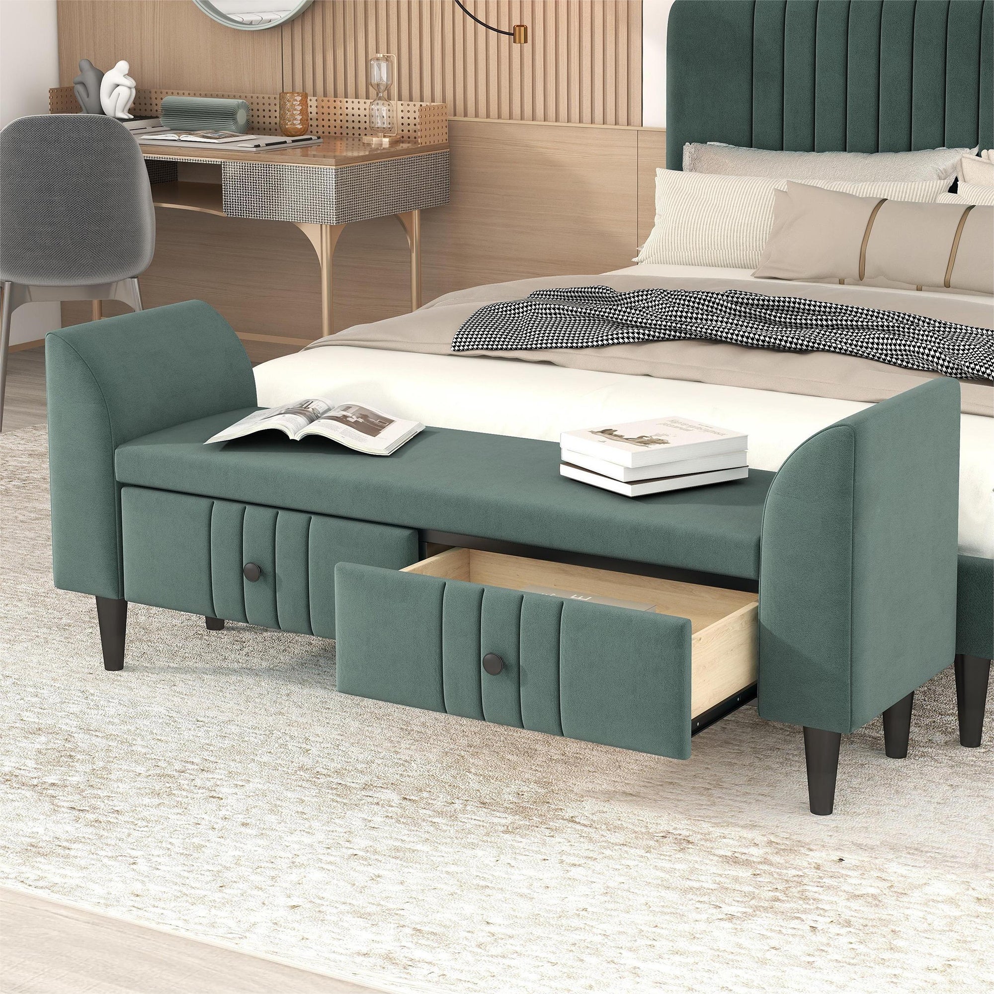 Upholstered Wooden Storage Ottoman Bench with 2 Drawers For Bedroom,Fully Assembled Except Legs and Handles,Green