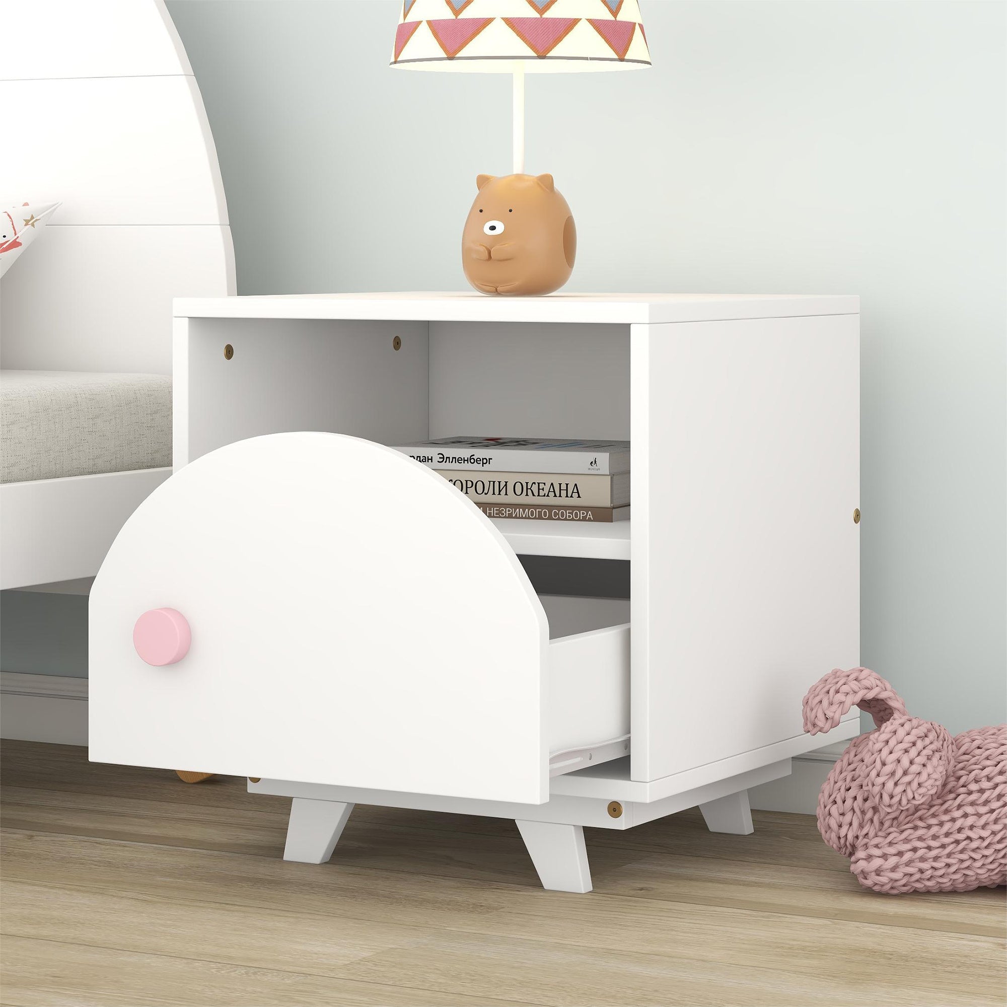 Wooden Nightstand with a Drawer and an Open Storage,End Table for Bedroom,White+Pink