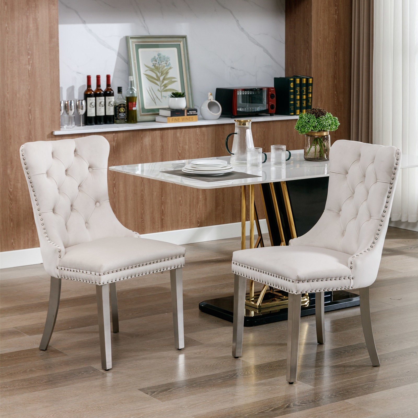 Nikki Collection Modern, High-end Tufted Solid Wood Contemporary Velvet Upholstered Dining Chair with Chrome Stainless Steel Plating Legs,Nailhead Trim,Set of 2, Beige and Chrome, SW1701BG