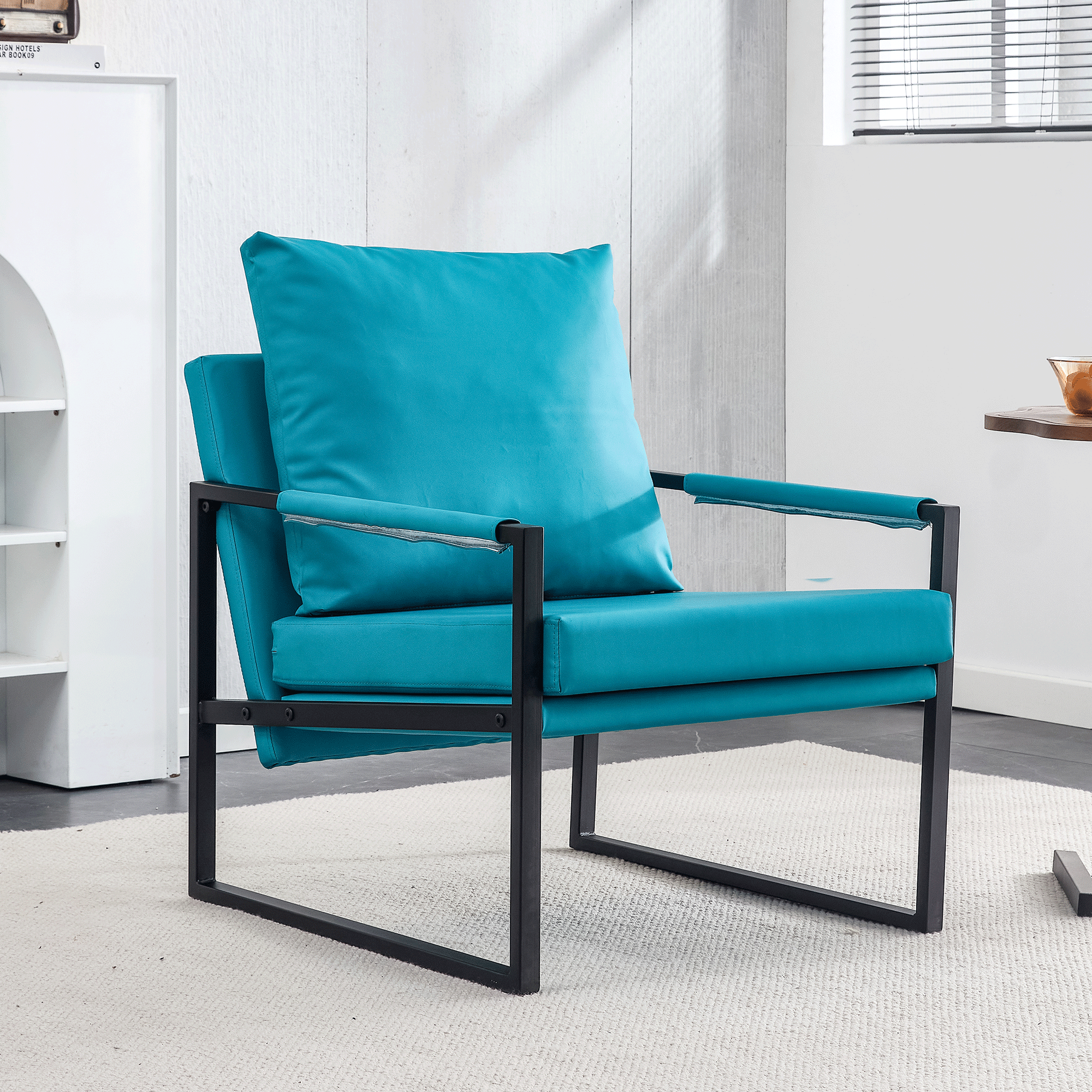 PU Leather Accent Arm Chair Mid Century Modern Upholstered Armchair with Metal Frame Extra-Thick Padded Backrest and Seat Cushion Sofa Chairs for Living Room ( Cyan PU Leather + Metal + Foam ) SF-008