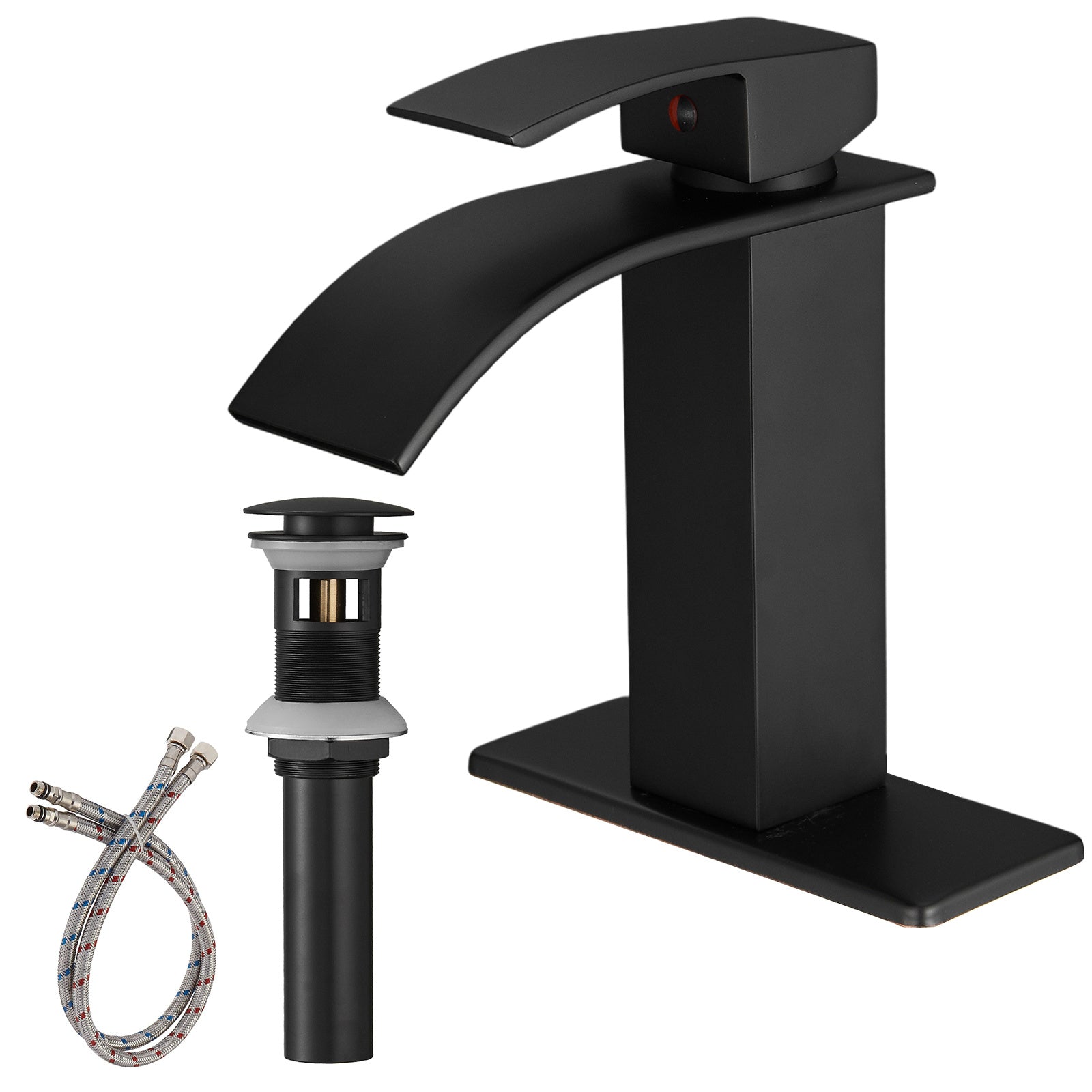 Waterfall Single Hole Single-Handle Low-Arc Bathroom Faucet With Pop-up Drain Assembly in Matte Black