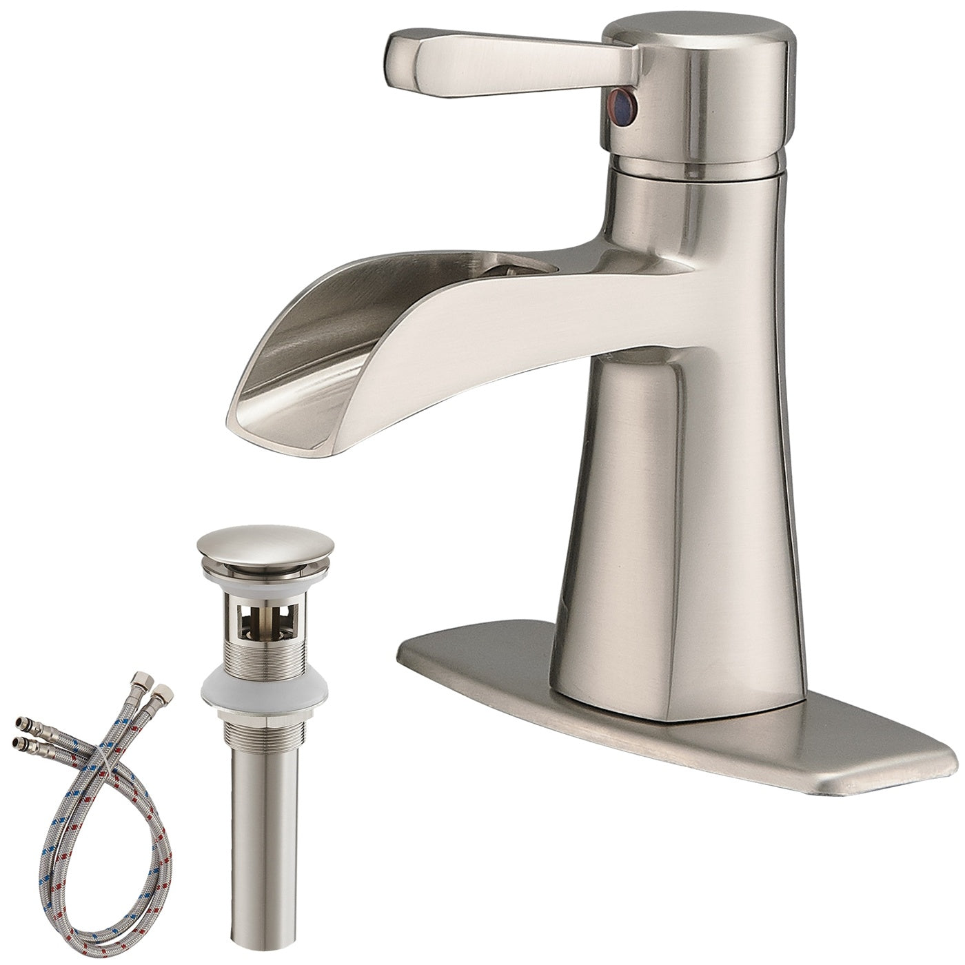 Waterfall Single Hole Single-Handle Low-Arc Bathroom Sink Faucet With Pop-up Drain Assembly In Brushed Nickel