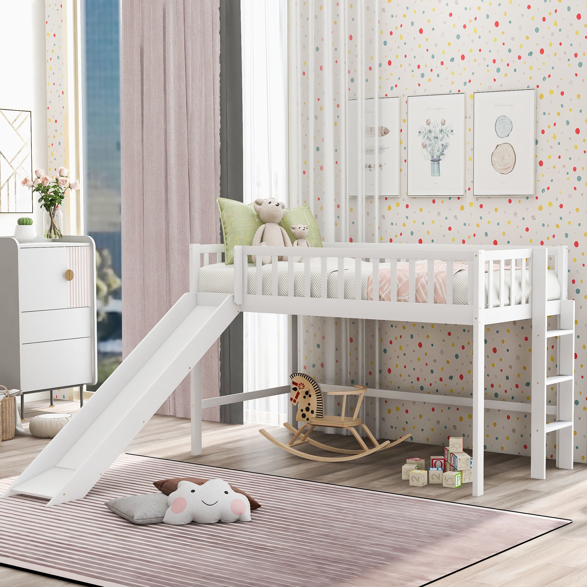 Twin Size Low Loft Bed with Ladder and Slide,White(OLD SKU:WF196418AAK)